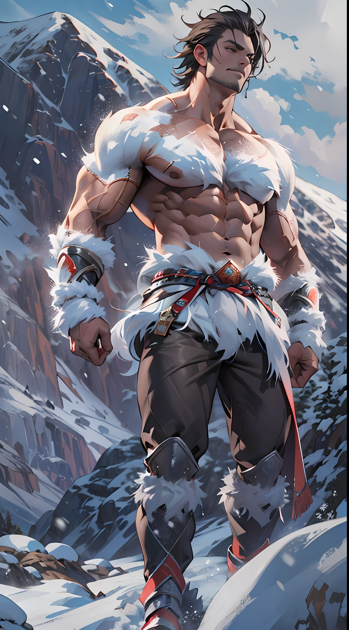 Mighty warrior, shirtless upper body, legs exposed from thighs to feet, cascading long curls, detailed muscular physique, lifelike depiction, 4K resolution. Background: Snow-covered mountain peak,32k uhd, best quality, masterpiece, super detail, high details