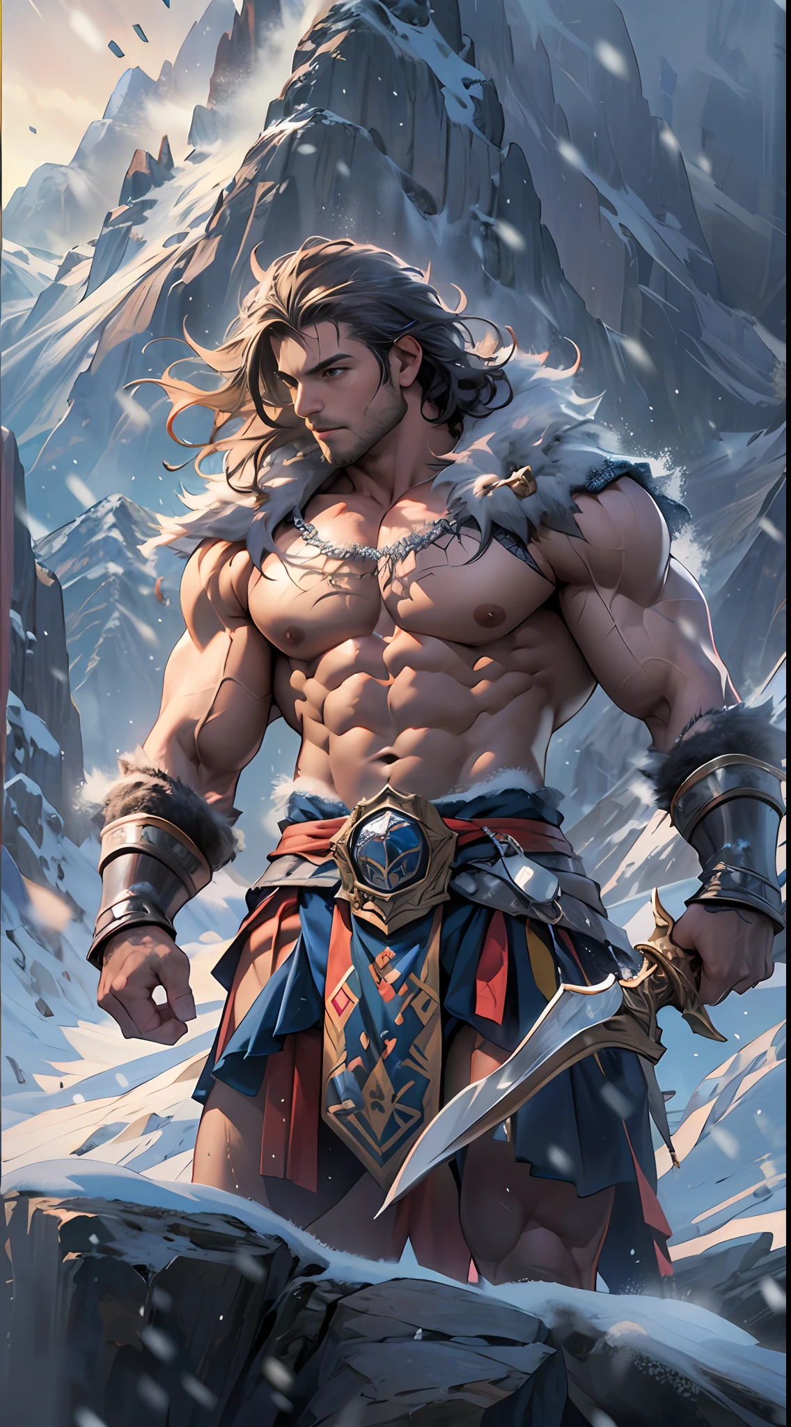 Mighty warrior, shirtless upper body, legs exposed from thighs to feet, cascading long curls, detailed muscular physique, lifelike depiction, 4K resolution. Background: Snow-covered mountain peak,32k uhd, best quality, masterpiece, super detail, high details