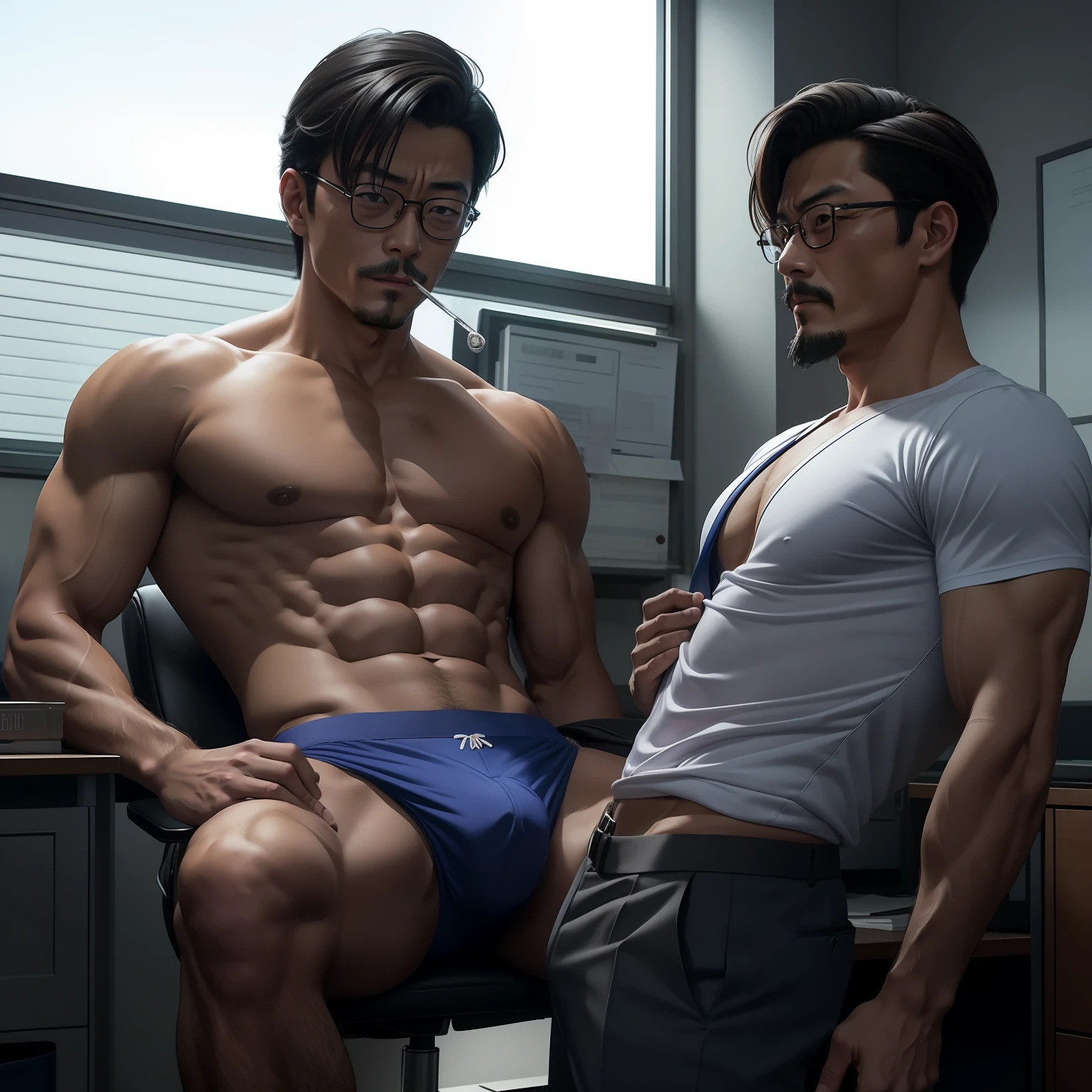 Kogoro Mouri,Shirtless,Tong,Bulge,office room,smokes,One person holding a person,black long socks,Thin,musculature,lbeard,fortitude,artwork of a,tmasterpiece,k hd,an look of enjoyment,Blue panties,hindquarters