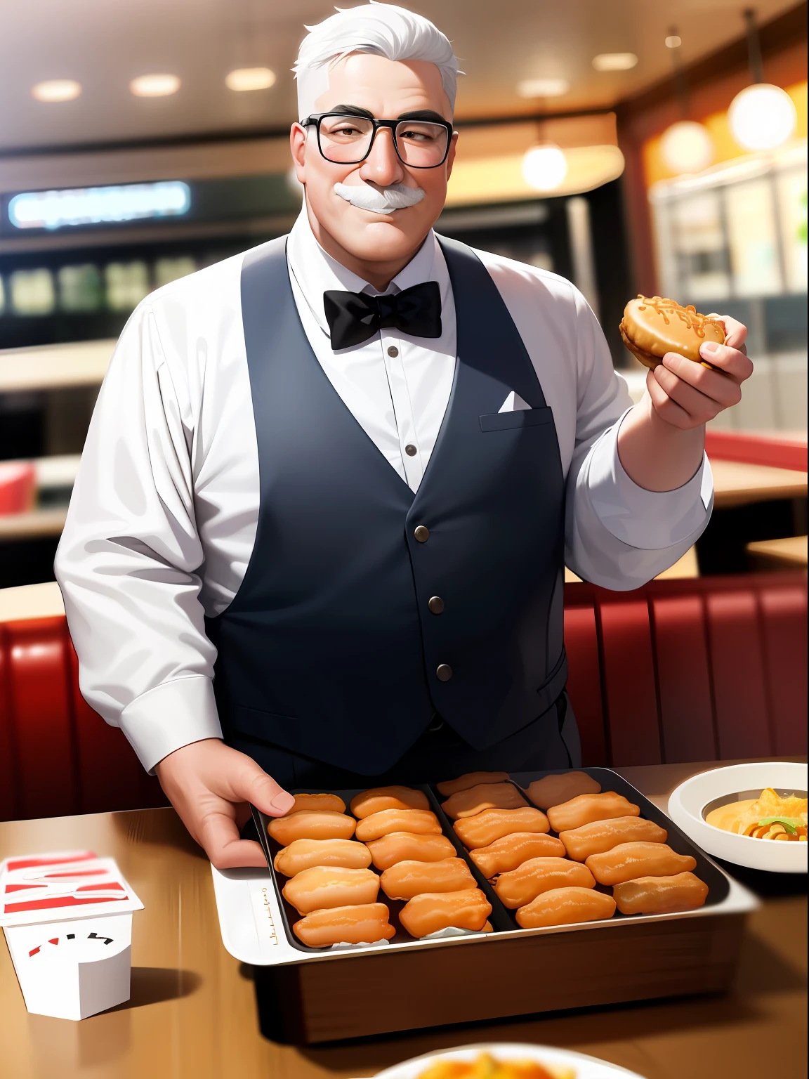 tmasterpiece,best qualityer,Detailed details,Chubby grandpa, ssmile,KFC hamburger,Coke,Grilled chicken wings,White hair,short detailed hair,white mustache,white business suit,White trousers,a black bowtie,red apron,dynamicposes,restaurant,fast food restaurant