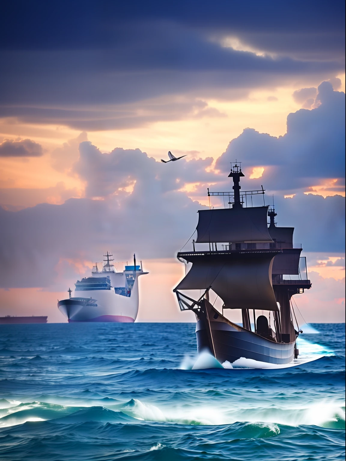 Araf boat in sea and sky background,Ships lost in a storm,utilitarian cargo ship,4096,rough sea,Ship on a desert island,Water surrounds the boat,container ship,gothic ship on ocean,The hull is in a huge ocean,Huge scene ashore。
