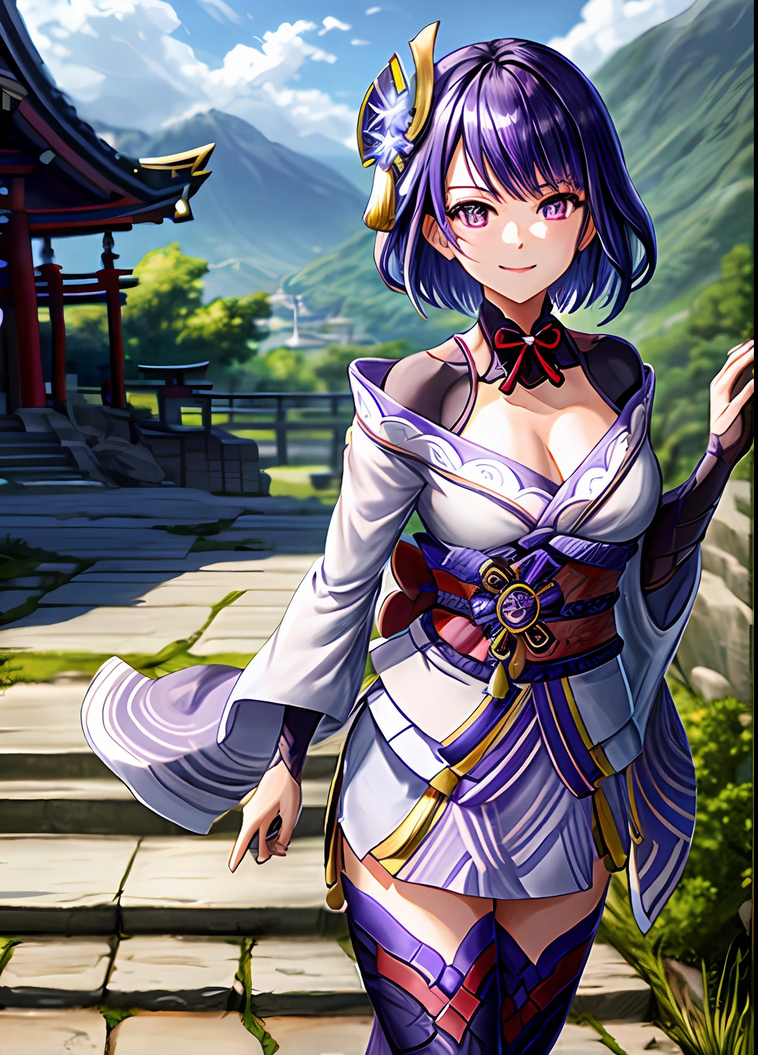 raidenshogundef, upper body, smile, blush, outdoors, day, simple background, blue sky, short hair, sky, temple, looking at viewer, stairs, mountain, moody lighting, facing viewer,