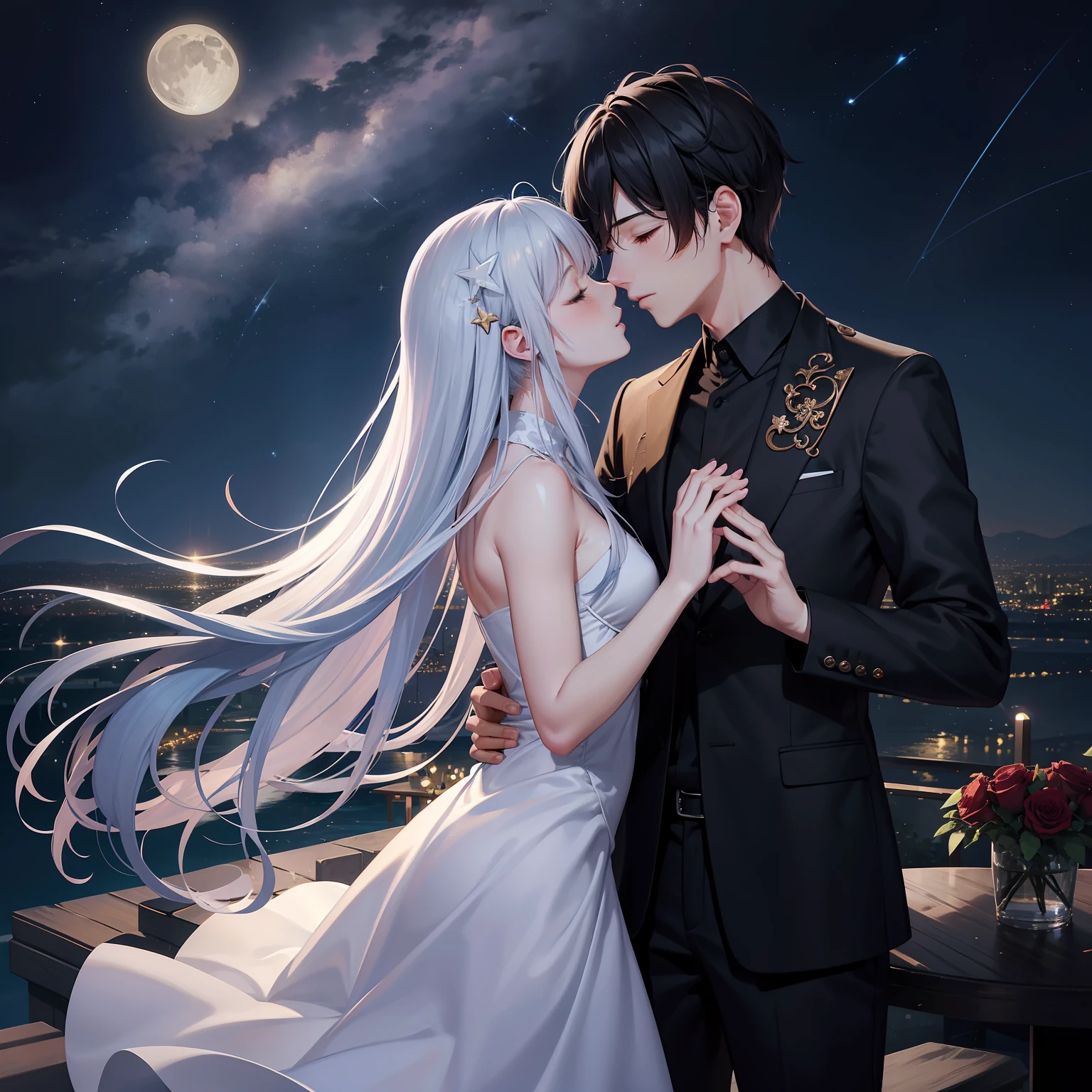 starrysky，nigh sky，As estrelas，themoon，Lovers，Red roses，love heart，sweet，𝓡𝓸𝓶𝓪𝓷𝓽𝓲𝓬，Hand in hand，kiss，couple，heart-shaped，Dance，the night，blissful，emotive， Love Xuan，dream magical，affectionate，Warm