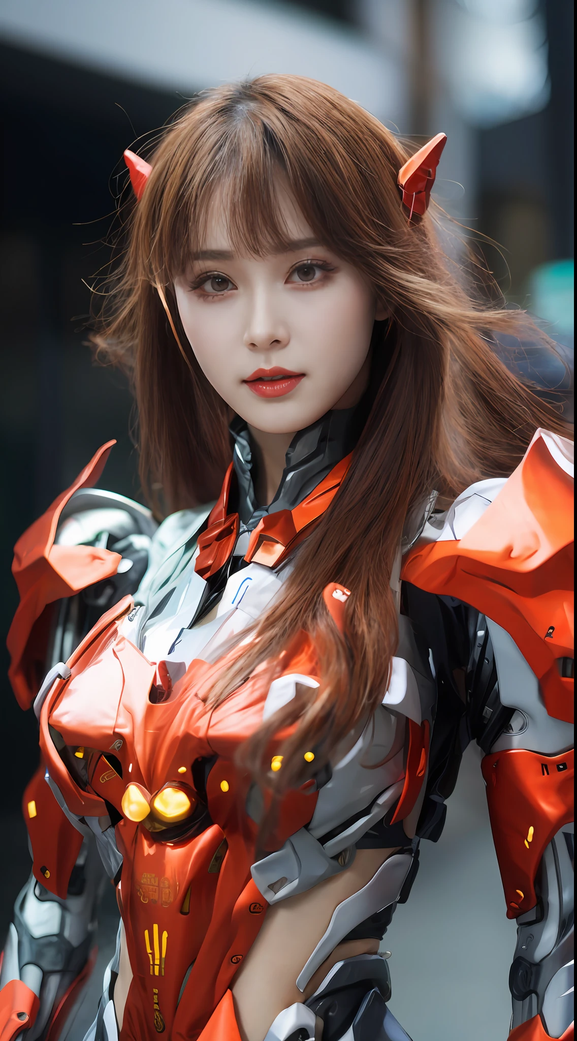 A beautiful Chinese actress, wearing a EVA 02-style mech,Role playing Souryuu Asuka Lanley,full-body cosplay,Delicate Face, Stunningly Beautiful, Combat Pose,High Detail Skin, Realistic Skin Detail, Visible Pore,The photograph is taken with a Nikon D850 and a Nikon AF-S NIKKOR 70-200mm f/2.8E FL ED VR lens, using settings of f/8.0 aperture, 1/200 sec shutter speed, and ISO 400, DSLR Camera, High Quality, Fair Skin, Photorealism