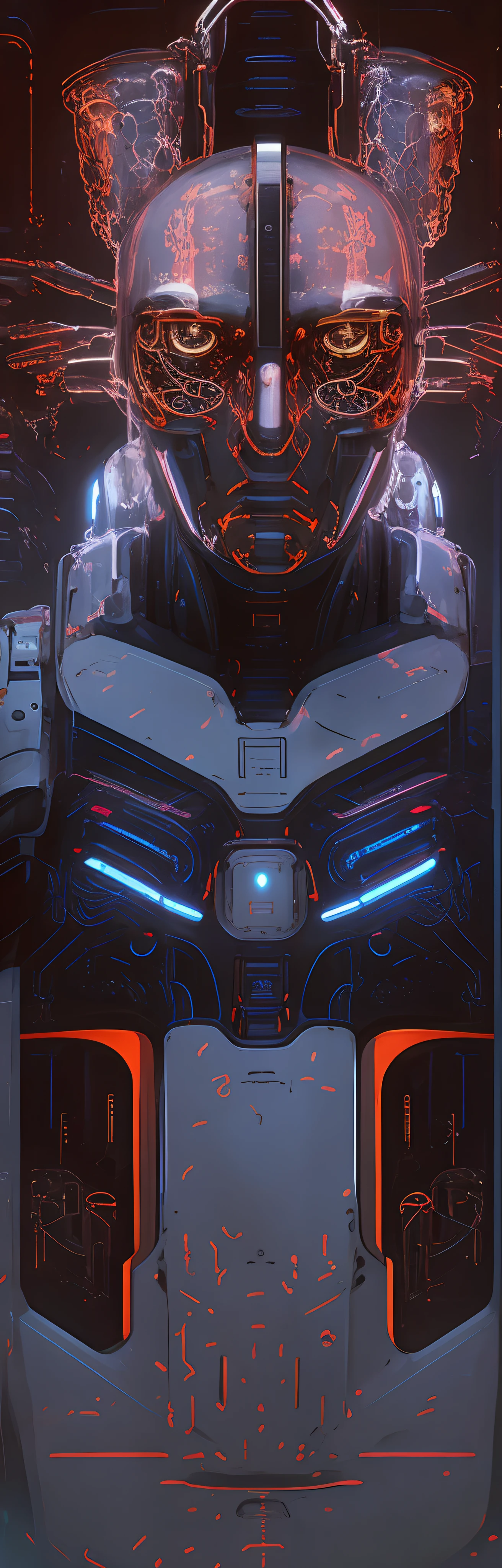 Futuristic close-up portrait of mecha under red light,Symmetrical science fiction art illustration,portrait of a cyborg,detailed digital concept art,Works by Ludvik Konazhevsky Jr