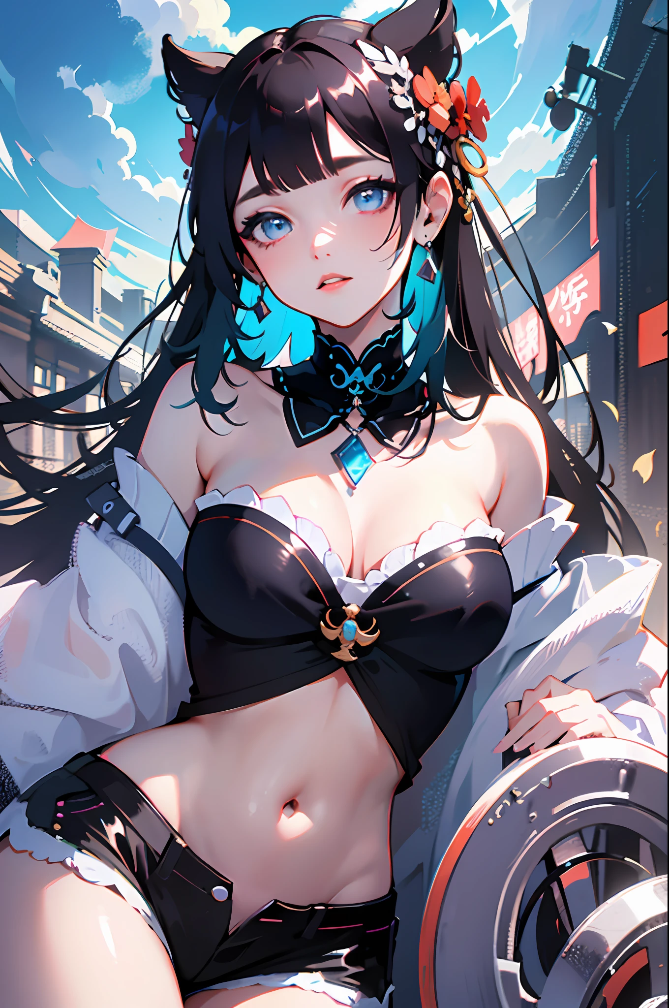 masterpiece, best quality, 1girl, aqua eyes, black hair, closed mouth, multicolored background, looking at viewer, outdoors, solo, upper body, alluring, clean, beautiful face, pure face, pale skin, sexy pose,((tube top, off shoulder, navel, shorts)), long hair, ((perfect female figure)), mature female, milf, narrow waist, chinese deity, seductive, highly detailed,best quality, masterpiece, highres, original, extremely detailed 8K wallpaper,masterpiece, best quality, illustration, beautifully detailed eyes, cinematic lighting,