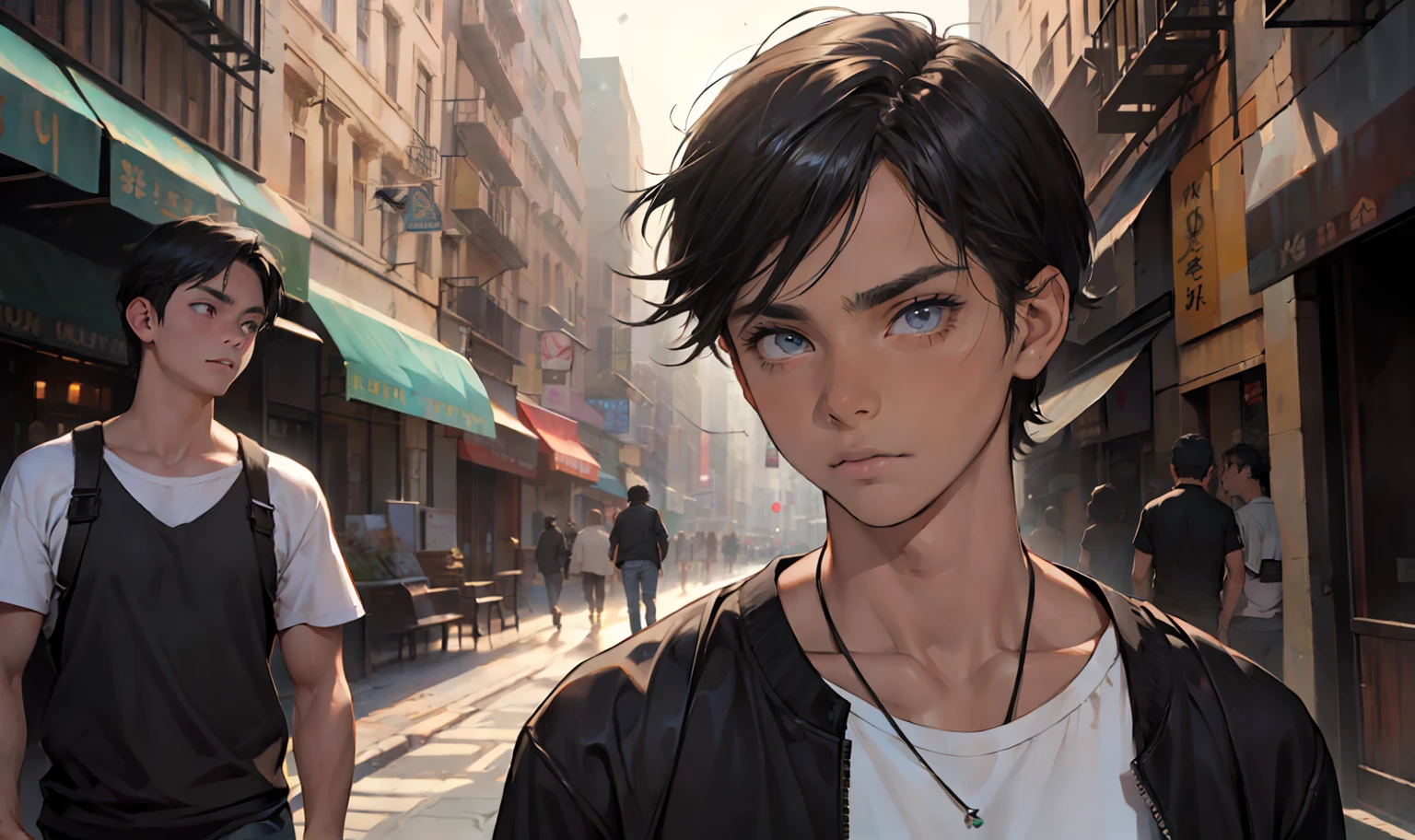 ((obra maestra)),(((La mejor calidad))), (alta calidad, impresionante),(ojos expresivos, Cara perfecta), Sad 15-year-old boy with straight black hair, piel morena sin ropa, Walking lost through the streets of New York looking at someone else walking away