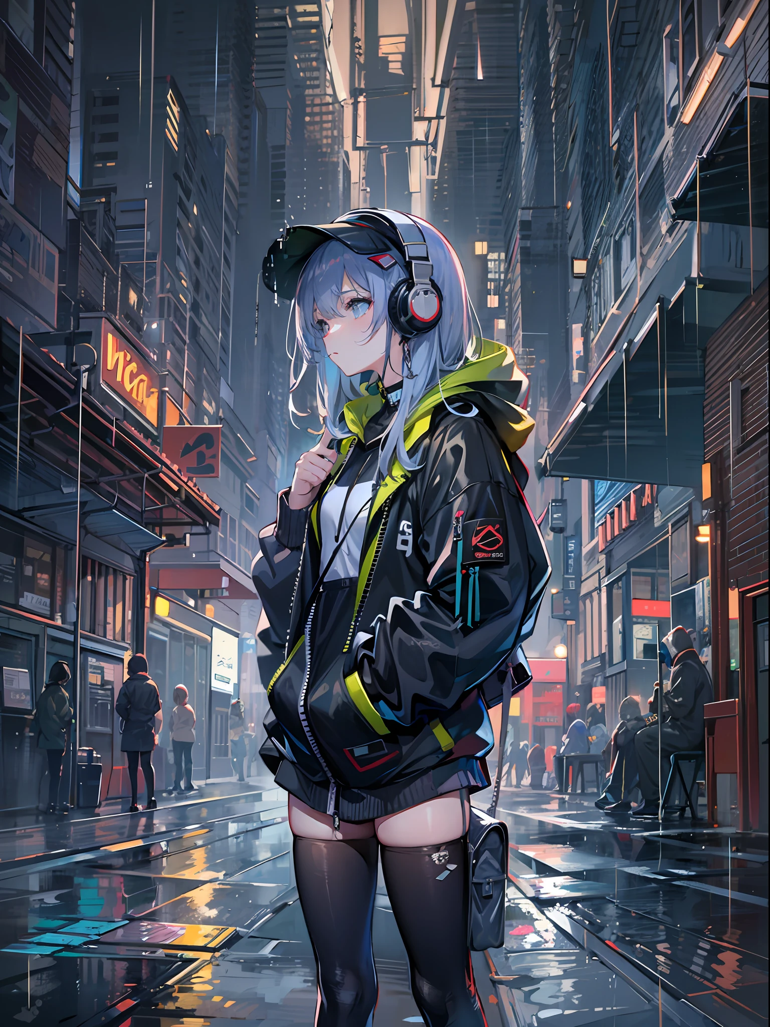 masterpiece, girl alone, solo, incredibly absurd, hoodie, headphones, street, outdoor, rain, neon,