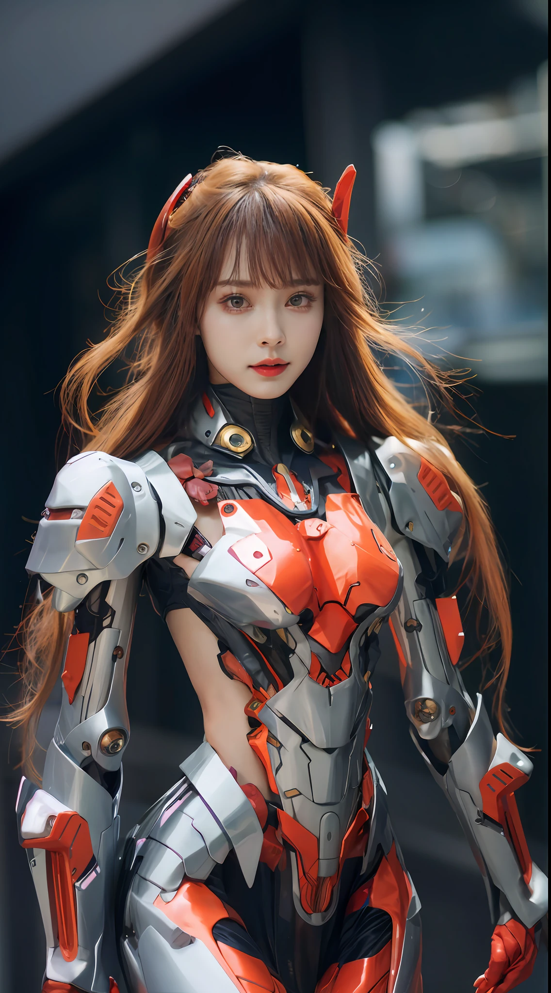 A beautiful Chinese actress, wearing a EVA 02-style mech,Role playing Souryuu Asuka Lanley,full-body cosplay,Delicate Face, Stunningly Beautiful, Combat Pose,High Detail Skin, Realistic Skin Detail, Visible Pore,The photograph is taken with a Nikon D850 and a Nikon AF-S NIKKOR 70-200mm f/2.8E FL ED VR lens, using settings of f/8.0 aperture, 1/200 sec shutter speed, and ISO 400, DSLR Camera, High Quality, Fair Skin, Photorealism