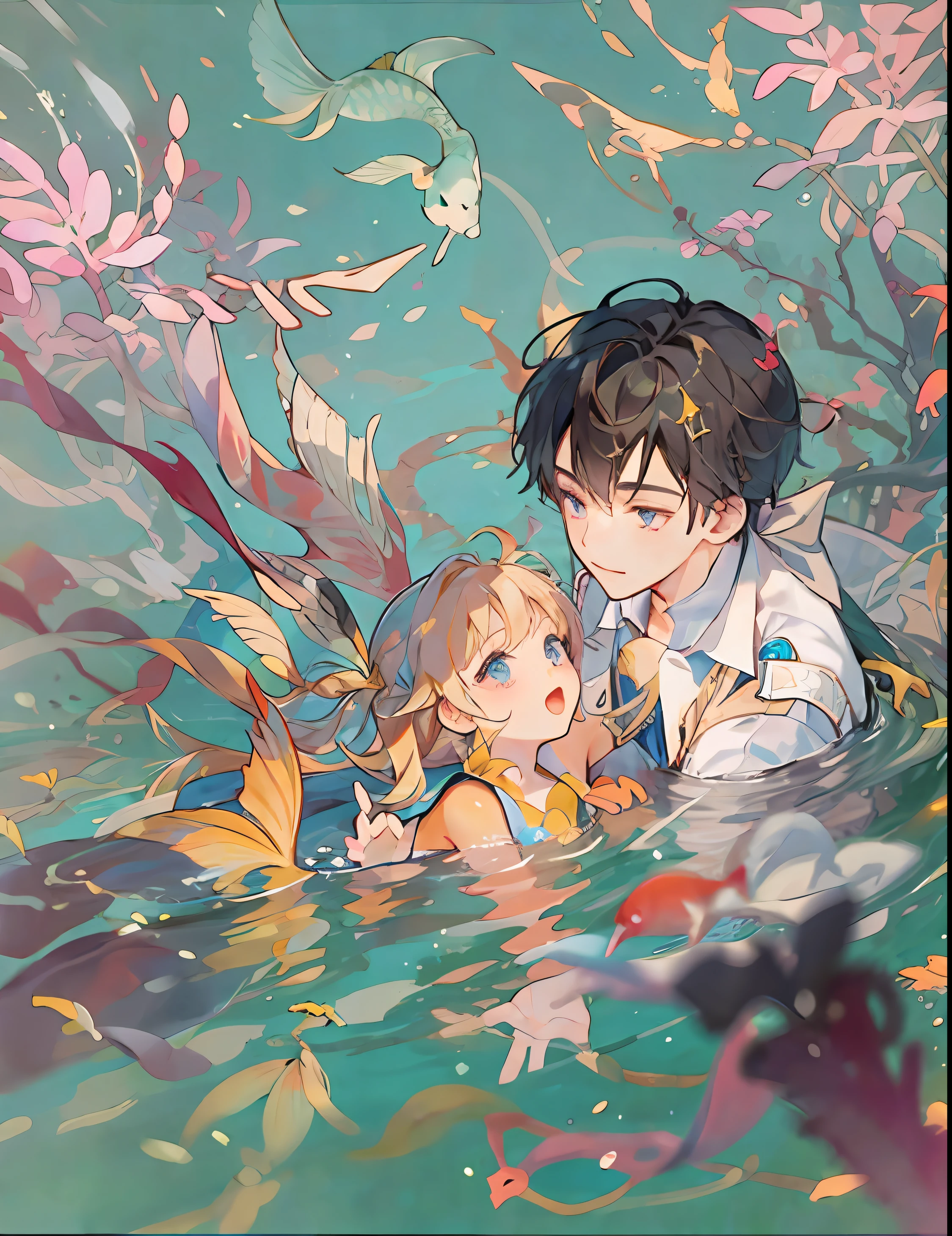 Cute boys and fish swimming in the water