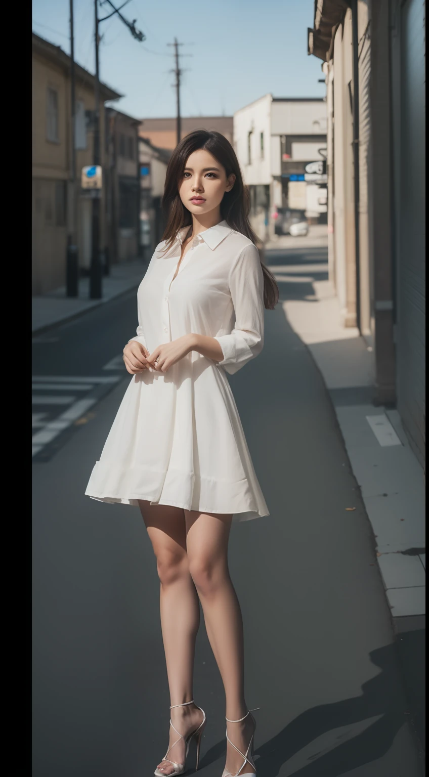 mix4, 20d, solo, long_hair, shirt, dress, high_heels, full_body, look_at_viewer, (8k, RAW photo, best quality, mastery:1.2), (realistic, photo-realistic:1.37), professional lighting, photon mapping,
