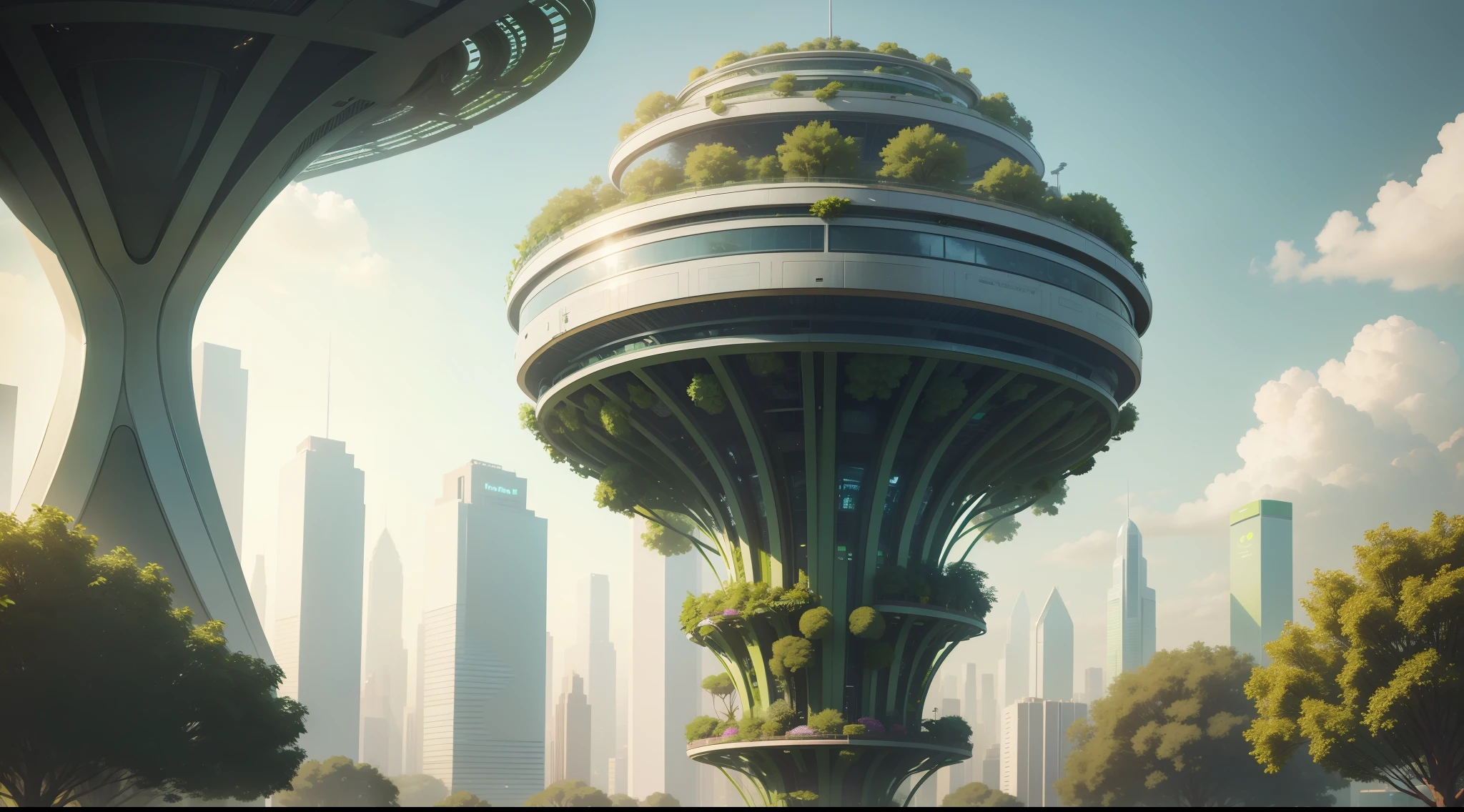 Green futuristic city flower,parks,200-storey futuristic apartment,space elevator