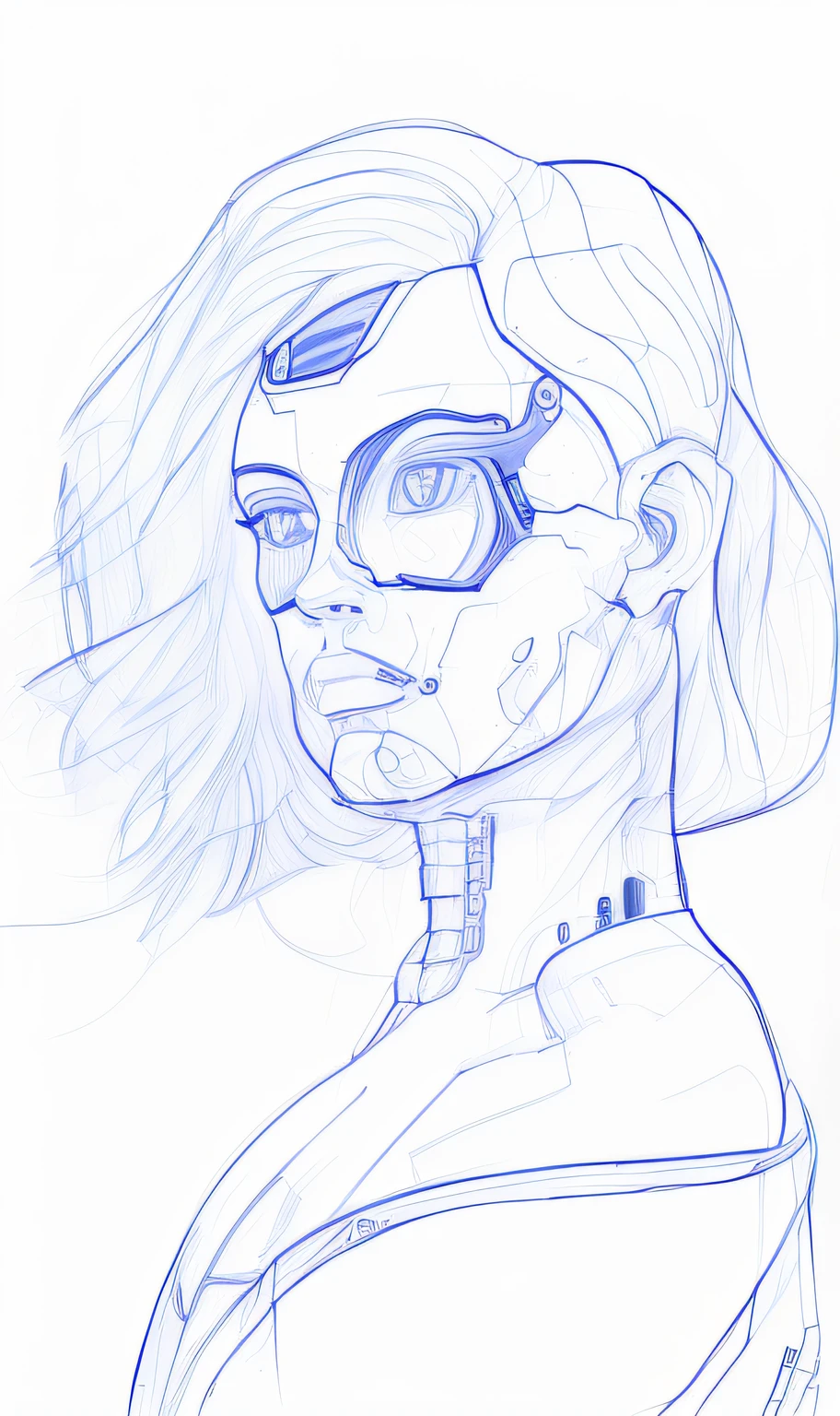 a drawing of a woman with a steam mask on her face, The robot in its mechanical mask, portrait of a mechanical girl, outline sketch, Retrato de uma mulher sci - fi, menina ciborgue, mulher ciborgue, ciborgue - menina, mulher comerciante ciborgue, Retrato detalhado de um ciborgue, Retrato de um androide feminino, Atraente Sci - Fi-Face, menina ciborgue bonito, retrato ciborgue
