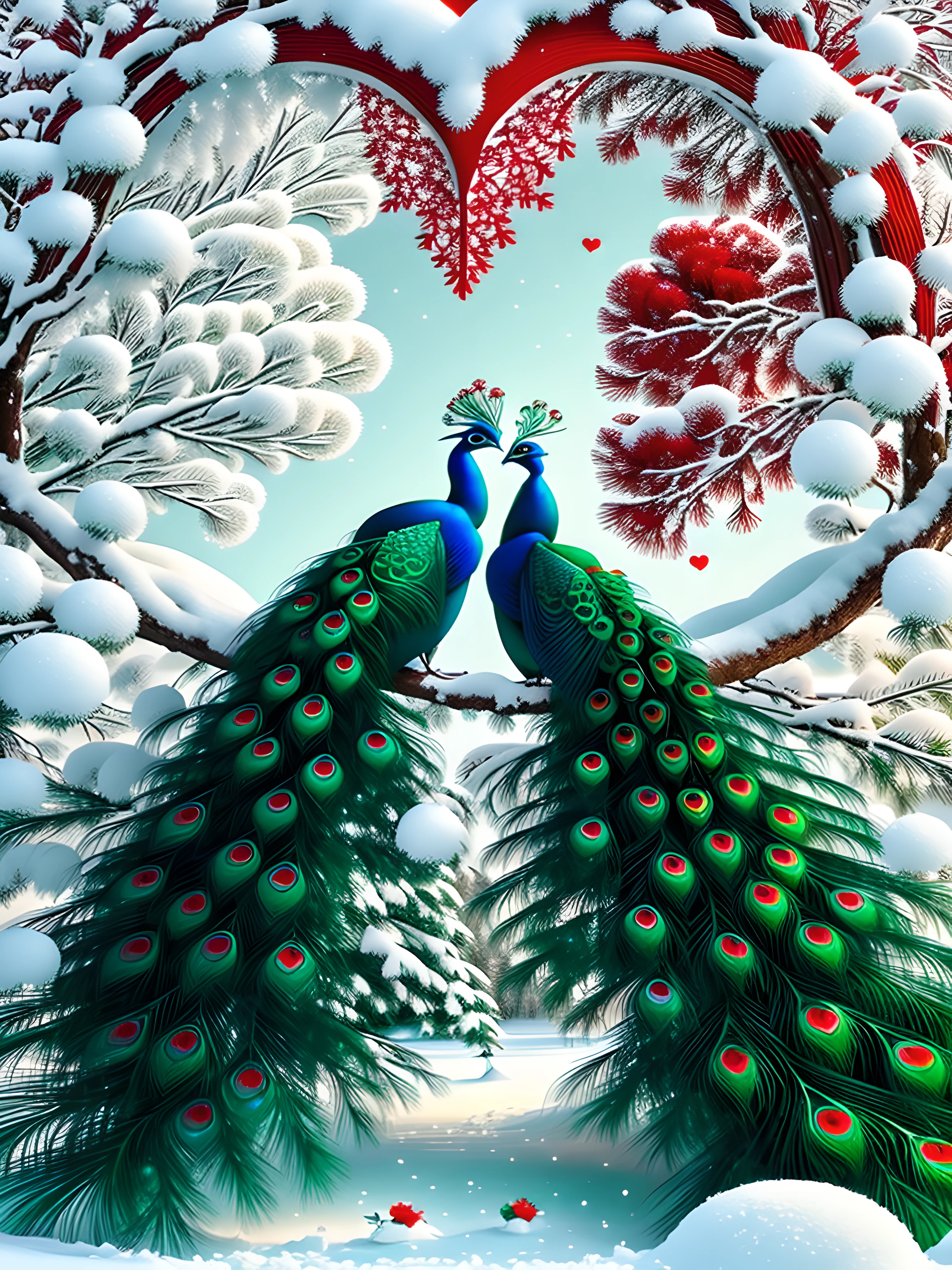 beautiful rime and snow scenery, couple of (red peacock) and (green peacock), full characters, side by side standing in branches, rime-like tails into the love heart shape, the earth is white, view from below,