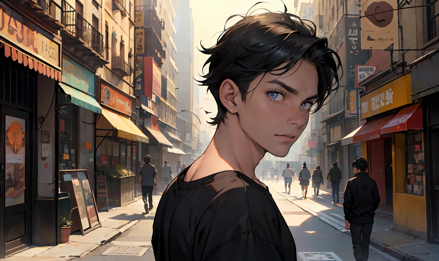 ((obra maestra)),(((La mejor calidad))), (alta calidad, impresionante),(ojos expresivos, Cara perfecta), Sad 15-year-old boy with straight black hair, piel morena sin ropa, Walking lost through the streets of New York looking at someone else walking away