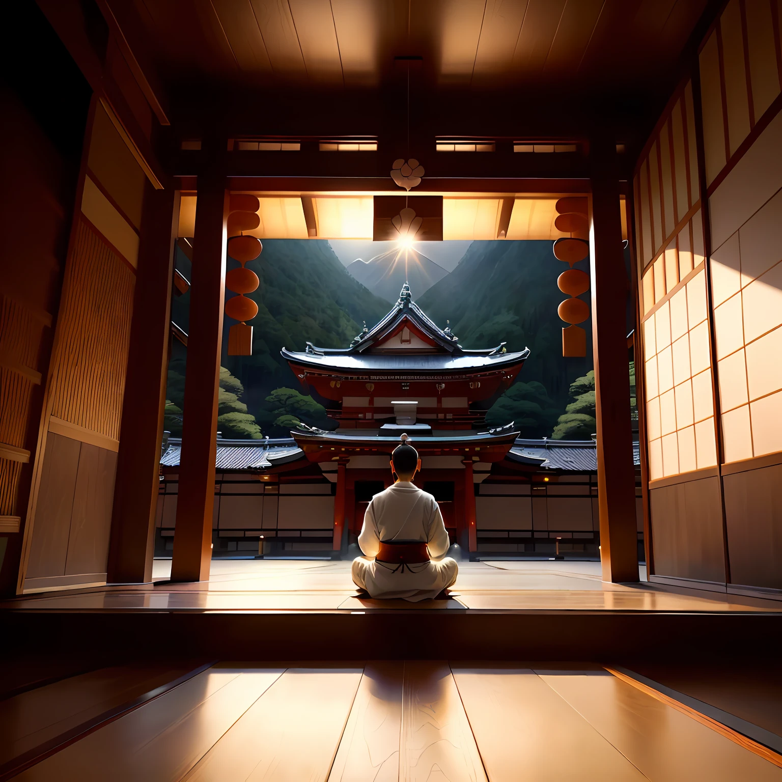 There is a man sitting in a meditative position in front of a building, japanese temples, zen temple background, japanese temples, zen meditation, Shrine of Japan, floating in a powerful zen state, Japan. Volumetric lighting, A meditative, japan deeper travel exploration, monk meditate, ancient japanese architecture, quiet and serene atmosphere, dojo on a mountain, Zen atmosphere