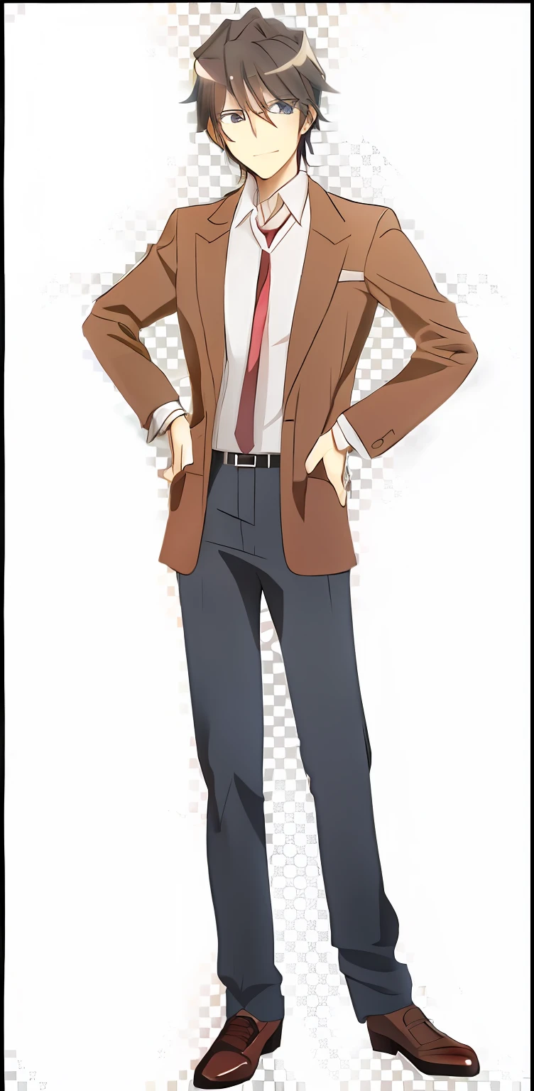 A man in a suit and tie stands with his hands on his hips, Single character full body, !!Full body portrait!!, official character art, miura kentaro style, full body single character, Handsome anime pose, full-body portraits, offcial art, Tall anime guy with blue eyes, character full body portrait, full body character portrait, full body character portrait