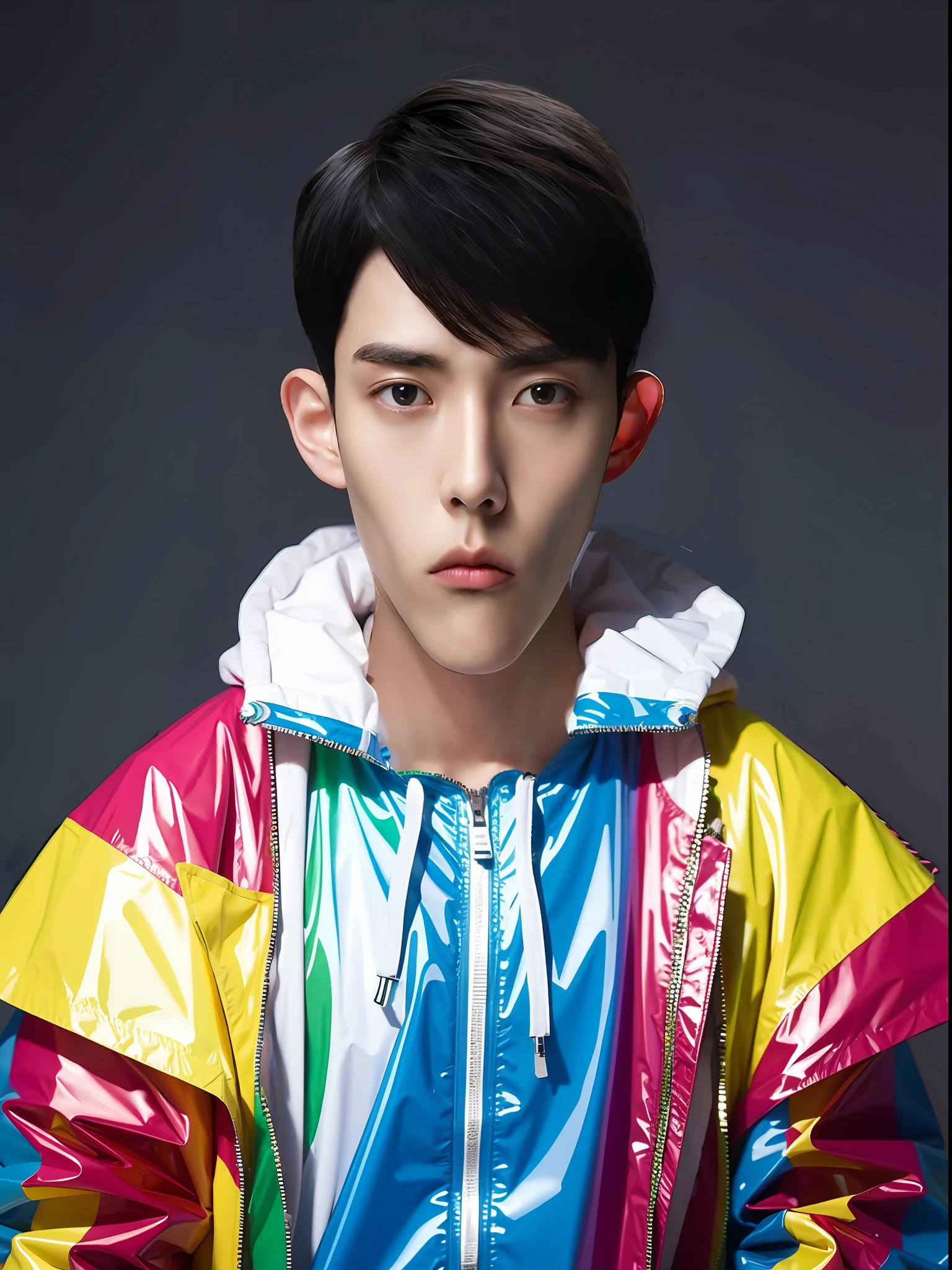 Chinese male high school student。Wearing a PVC colored raincoat,There are zippers