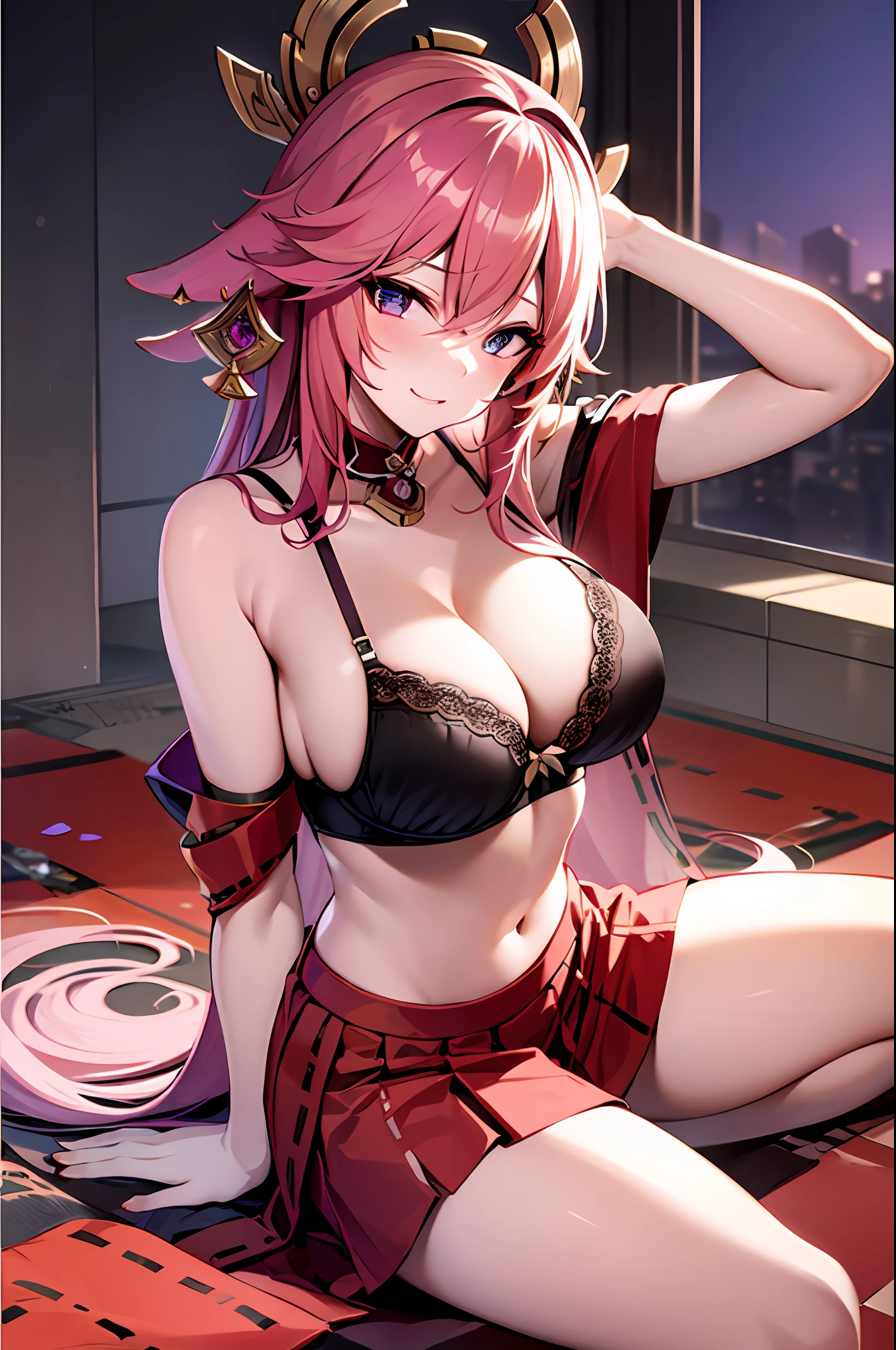 1Yae miko, large breasts,, cleavage, navel, t-shirt, ((bra)),clothes lift, skirt, lying, full Body,sexy body,sitting