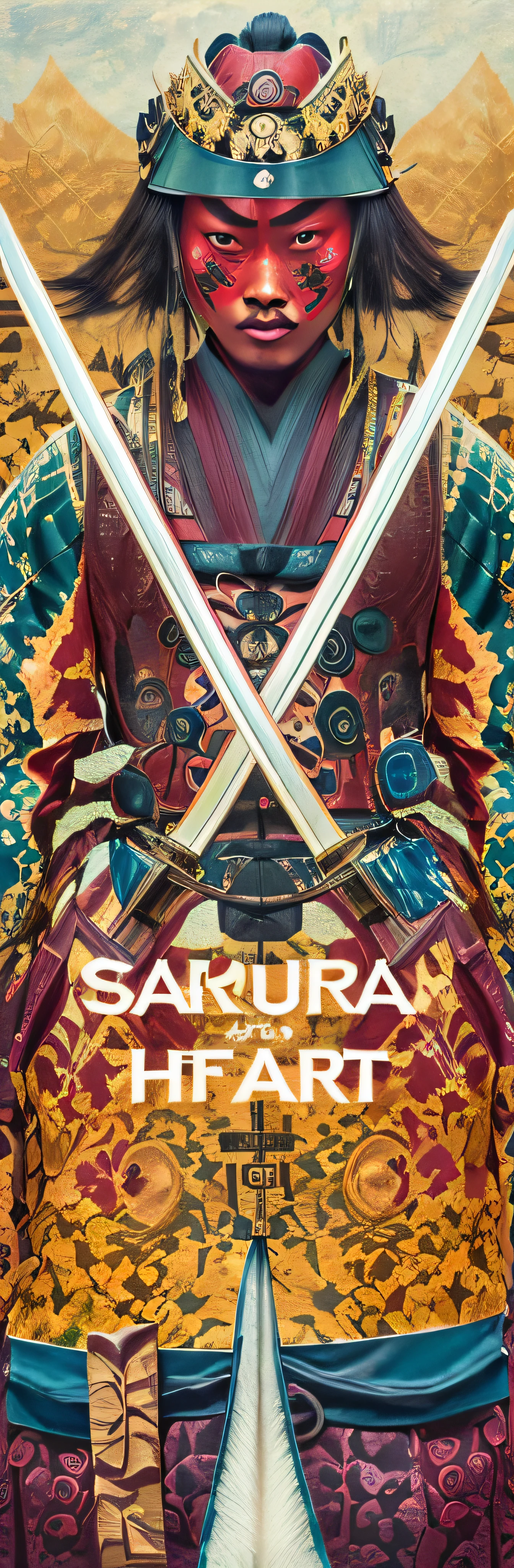 "Samurai portrait with a traditional katana full of action，Immerse yourself in samurai style and fighting spirit，Inspiration like samurai movie posters，It shows the majesty and power of the ancient Japanese samurai。In a sense，They wore samurai armor and ornate samurai costumes，Showcasing the unique personality of Samurai vinyl packaging，They are symbols of samurai，Full of samurai dueling spirit，and incorporate elements of African culture，For example, the perfect combination of samurai and Africa，All of this was inspired by Sarakokano and Kameda Hosai。"