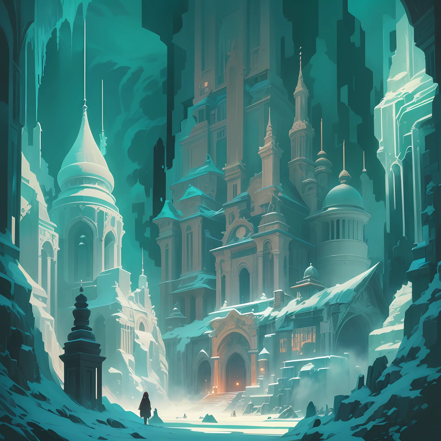 The Temple of Shadows buried deep underground,A mysterious temple,Ancient civilizations delve into the dark side of magic here,Frost-covered building,Intricate ice formations,Ghibli Mobius style,Ice City before 2080,Möbius aesthetics,Morbius combined with Louise,Len Mack inspiration,Studio Ghibli performance,moebius artwork,studio ghibli smooth concept art,james gilleard artwork。 --auto