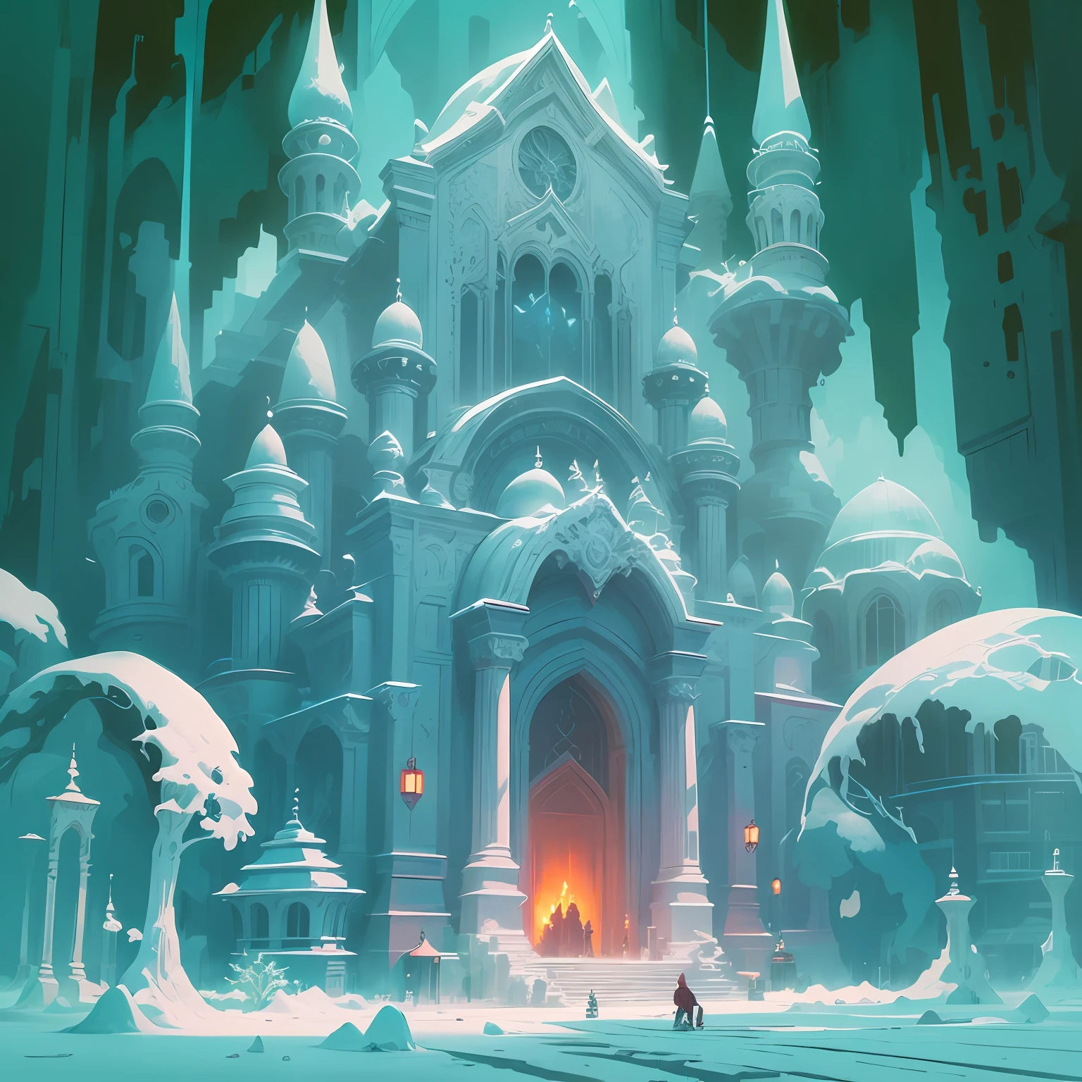 The Temple of Shadows buried deep underground，A mysterious temple，Ancient civilizations delve into the dark side of magic here，Frost-covered building，Intricate ice formations，Ghibli Mobius style，Ice City before 2080，Möbius aesthetics，Morbius combined with Louise，Len Mack inspiration，Studio Ghibli performance，moebius artwork，studio ghibli smooth concept art，james gilleard artwork。 --auto
