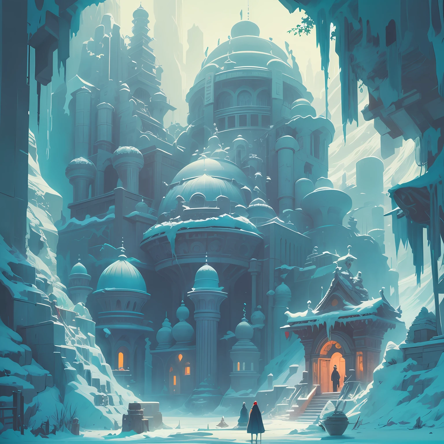 The Temple of Shadows buried deep underground,A mysterious temple,Ancient civilizations delve into the dark side of magic here,Frost-covered building,Intricate ice formations,Ghibli Mobius style,Ice City before 2080,Möbius aesthetics,Morbius combined with Louise,Len Mack inspiration,Studio Ghibli performance,moebius artwork,studio ghibli smooth concept art,james gilleard artwork。 --auto