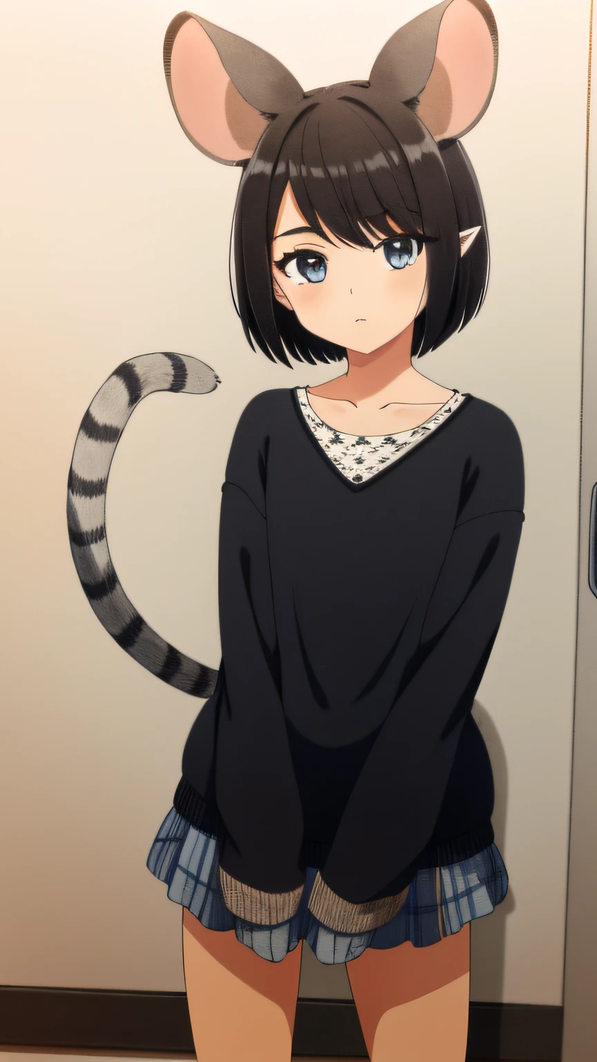 Best Quality, super detailed illustration, 1 boy, with ears and tail, Like a mouse, The body is like a girl's, Short Hair Hair