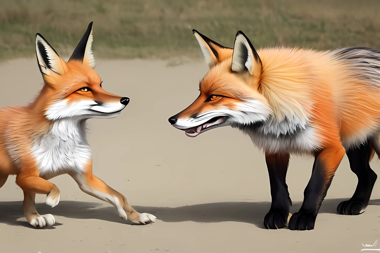 a big dog approaches a fox and they come face to face