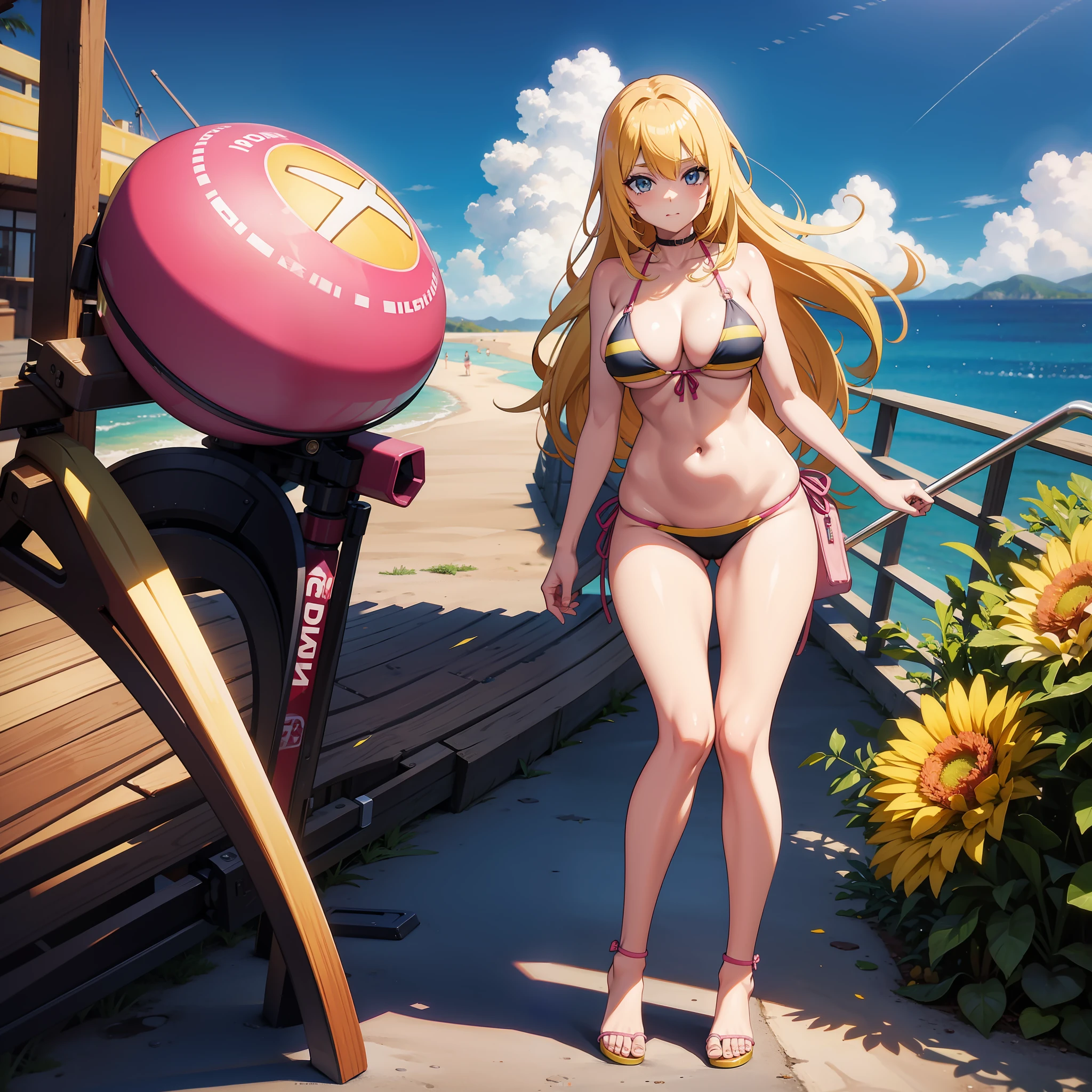 Yellow hair, Bikini pink, Girl, Sexy, Full body, sky clear, Anime 3d, 8k