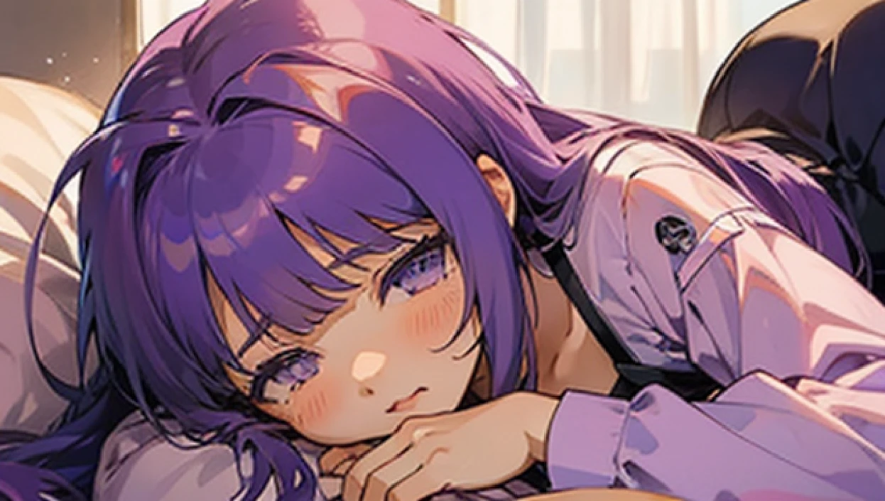 Anime girl lying in bed in purple dress and purple hair, Smooth Anime CG Art, Holo, visual novel cg, Anime Girl, nightcore, closeup Iwakura Lain, iwakura lain, Anime visuals of cute girls, ; visual novel, sayori, ethereal anime, visual novel, けもの, anime moe art style