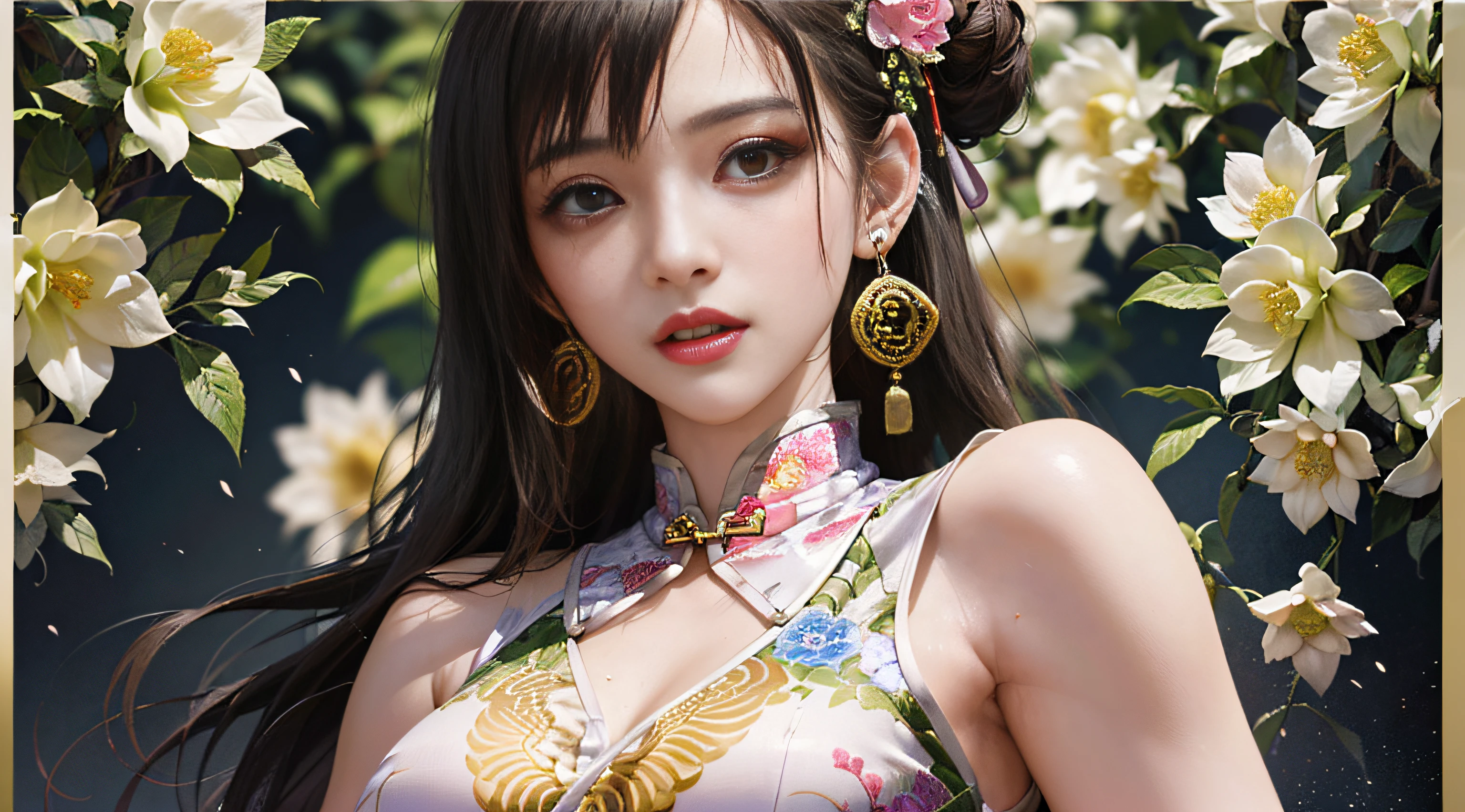 (Masterpiece, Top quality, Best quality, offcial art, Beautiful and aesthetic:1.2), (Beautiful girl in vintage cheongsam:1.3), Extremely detailed,(Fractal art:1.1),(Colorful:1.1)(Flowers:1.3),highest details,(zentangle:1.2), (Dynamic pose), street,, (Shiny skin), (many color:1.4), ,(Earrings:1.4),The chest is huge,chest wide open