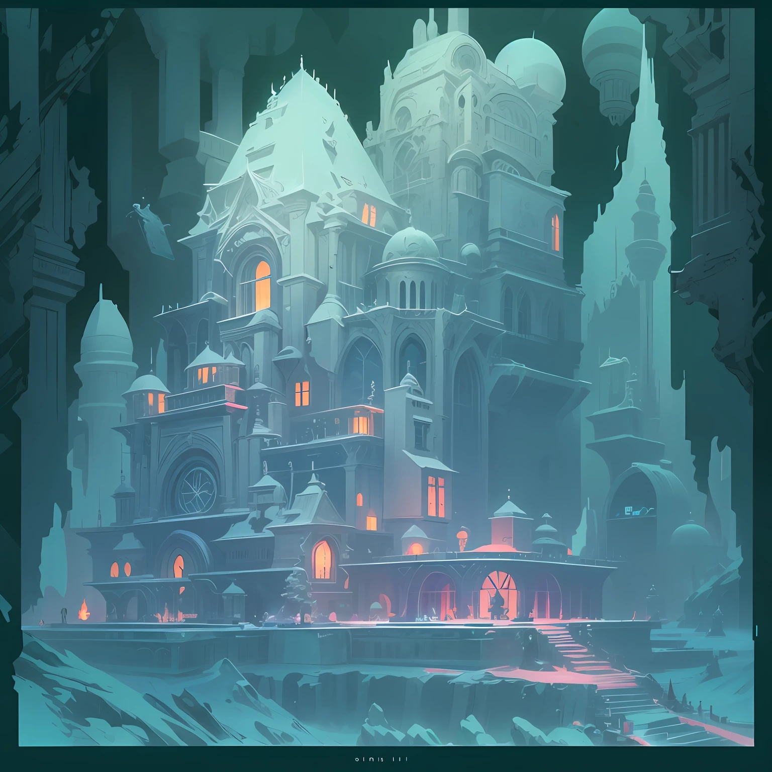 The Temple of Shadows buried deep underground，A mysterious temple，Ancient civilizations delve into the dark side of magic here，Frost-covered building，Intricate ice formations，Ghibli Mobius style，Ice City before 2080，Möbius aesthetics，Morbius combined with Louise，Len Mack inspiration，Studio Ghibli performance，moebius artwork，studio ghibli smooth concept art，james gilleard artwork。 --auto