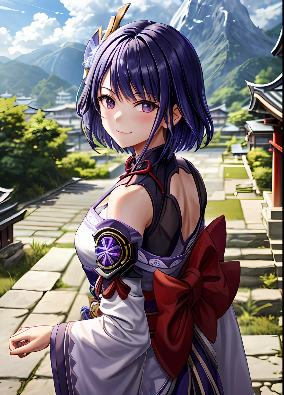 raidenshogundef, upper body, smile, blush, outdoors, day, simple background, blue sky, short hair, sky, temple, looking at viewer, stairs, mountain, moody lighting, facing viewer,