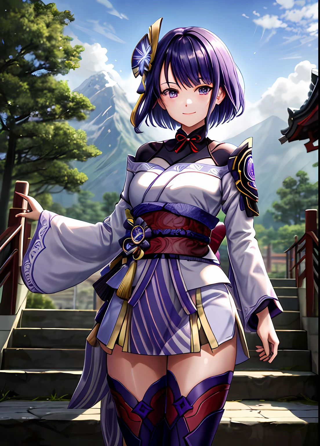 raidenshogundef, upper body, smile, blush, outdoors, day, simple background, blue sky, short hair, sky, temple, looking at viewer, stairs, mountain, moody lighting, facing viewer,