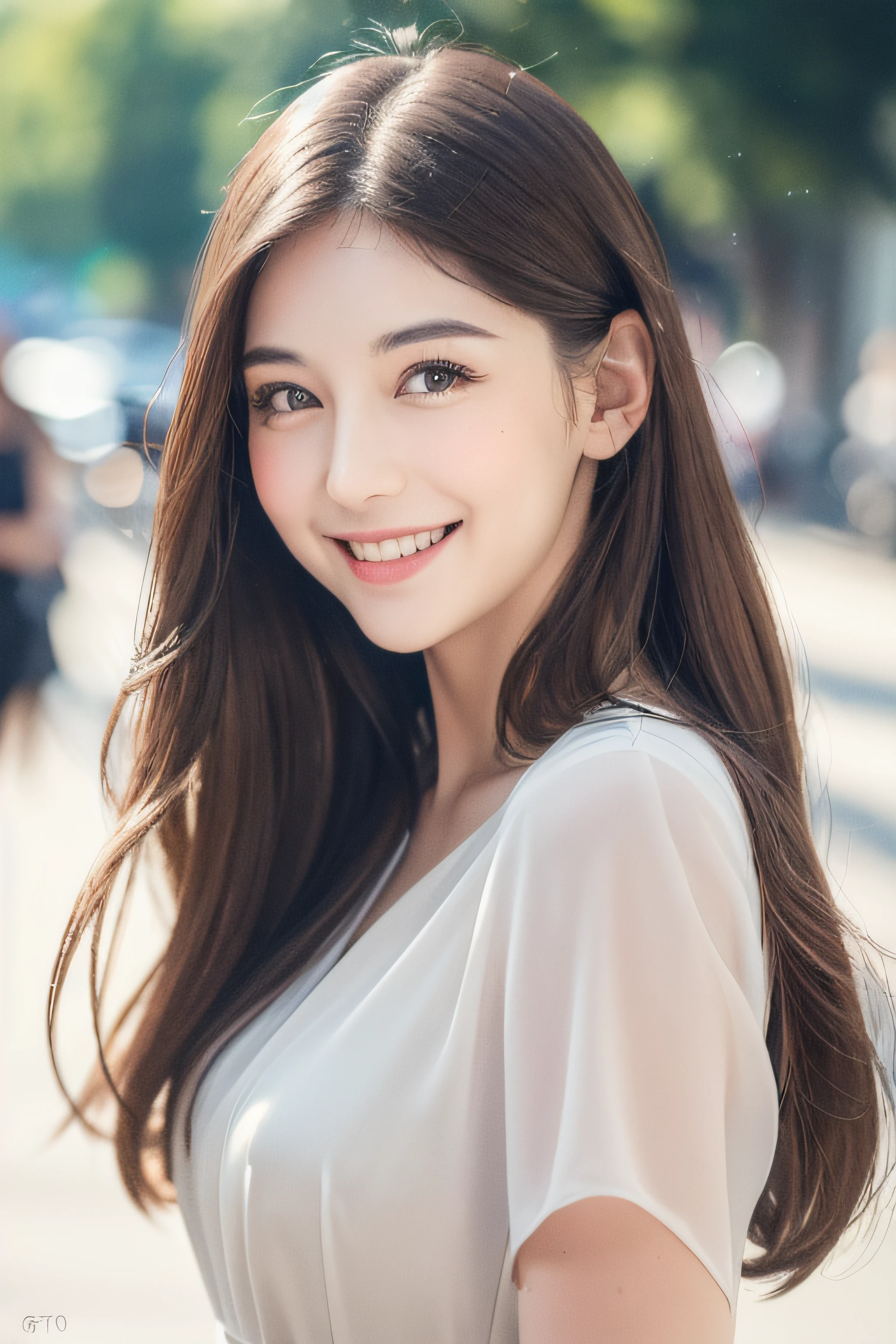 ((Best quality, 8k, Masterpiece :1.3)), 1girl, smiling, full body, slim face, Pretty woman, (Dark brown hair), full length dress :1.1, Ultra-detailed face, Detailed eyes, Double eyelid,  blur background, slim face, city, outside, street,