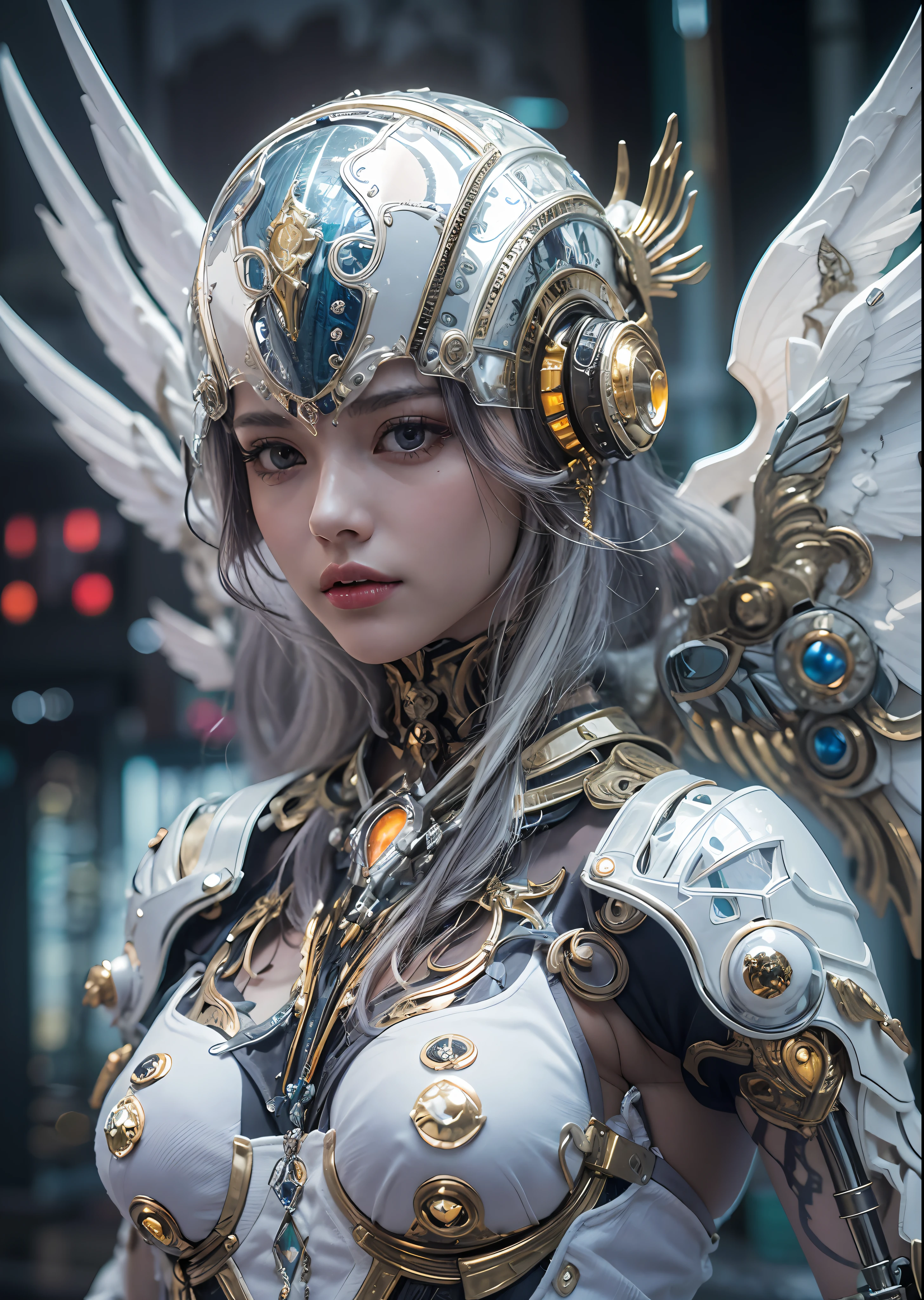 top-quality、masterpiece、超A high resolution、(Photorealsitic:1.4)、Raw photo、Steampunk Battle Cyborg Angel、large wings made of metal、White porcelain body、white hair、glowy skin、1 Cyborg Girl、((super realistic details))、portlate、globalillumination、Shadow、octan render、8K、ultrasharp、character edge light,Colossal tits、Raw skin is exposed in cleavage、Details of complex ornaments、Acrylic Clear Cover、Sumerian details、Hydraulic cylinder、Small LED lamp、highly intricate detail、Realistic light、a purple eye、radiant eyes、Facing the camera、neon details、cowboy shot、Futuristic headgear、About Cyberpunk、、