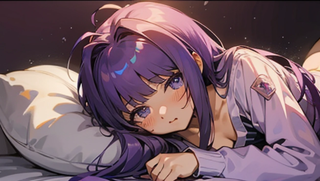 Anime girl lying in bed in purple dress and purple hair, Smooth Anime CG Art, Holo, visual novel cg, Seductive Anime Girl, nightcore, closeup Iwakura Lain, iwakura lain, Anime visuals of cute girls, ; visual novel, sayori, ethereal anime, visual novel, けもの, anime moe art style