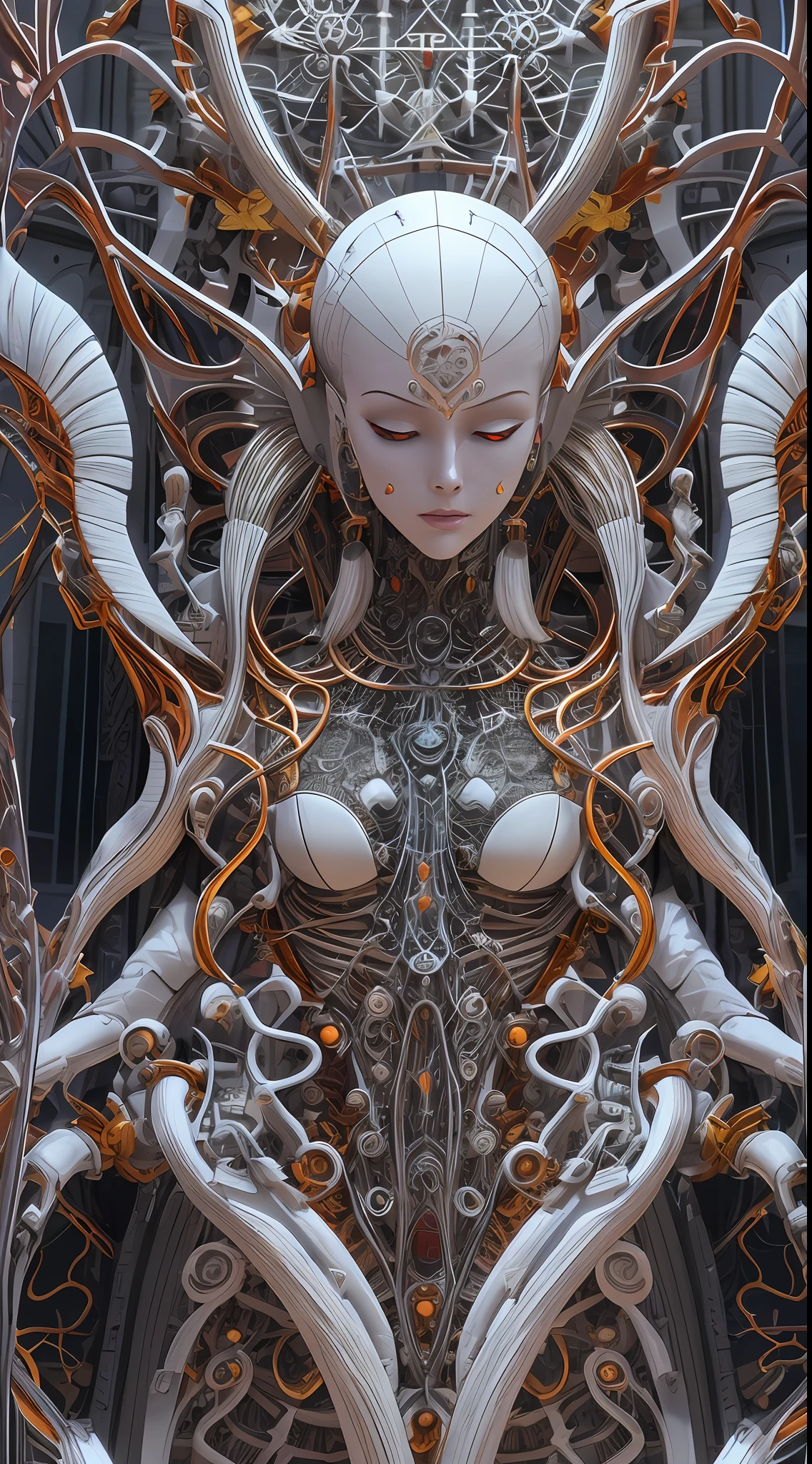 Intricate 3d rendering ultra-detailed beautiful angel of death, biomechanical robot, simulated 150mm lens, beautiful natural soft edge light, neon veins, roots, delicate leaf lace, colorful details, Boris Bidjan Saberi costume, pearl earrings, piercings, art nouveau fashion embroidery, intricate details, mesh lines, Mandelbrot fractals, facial muscles, cables, microchips, villains, surreal, ultra-detailed, octane, volumetric lighting, 8k and post-production, red The white has a little bit of black, Metal Skeleton Details, Half-Human, Iridescent, Glenn Brown Style, Futuristic Room, Power of God, High Angle Shot, Complex Body Poses