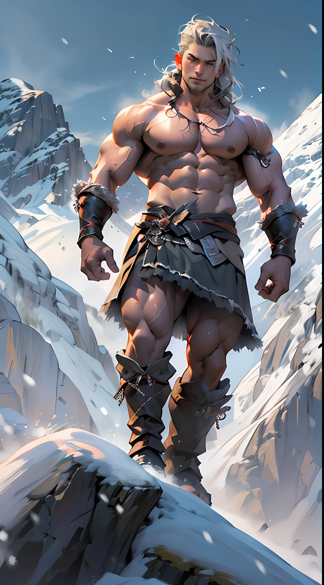 Mighty warrior, shirtless upper body, legs exposed from thighs to feet, cascading long curls, detailed muscular physique, lifelike depiction, 4K resolution. Background: Snow-covered mountain peak,32k uhd, best quality, masterpiece, super detail, high details