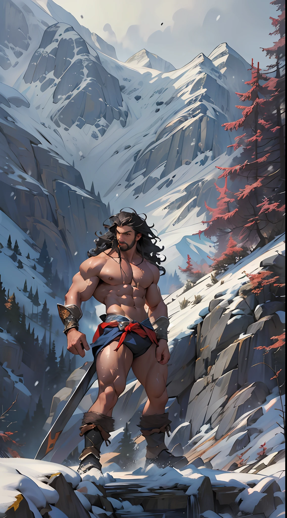 Mighty warrior, shirtless upper body, legs exposed from thighs to feet, cascading long curls, detailed muscular physique, lifelike depiction, 4K resolution. Background: Snow-covered mountain peak,32k uhd, best quality, masterpiece, super detail, high details