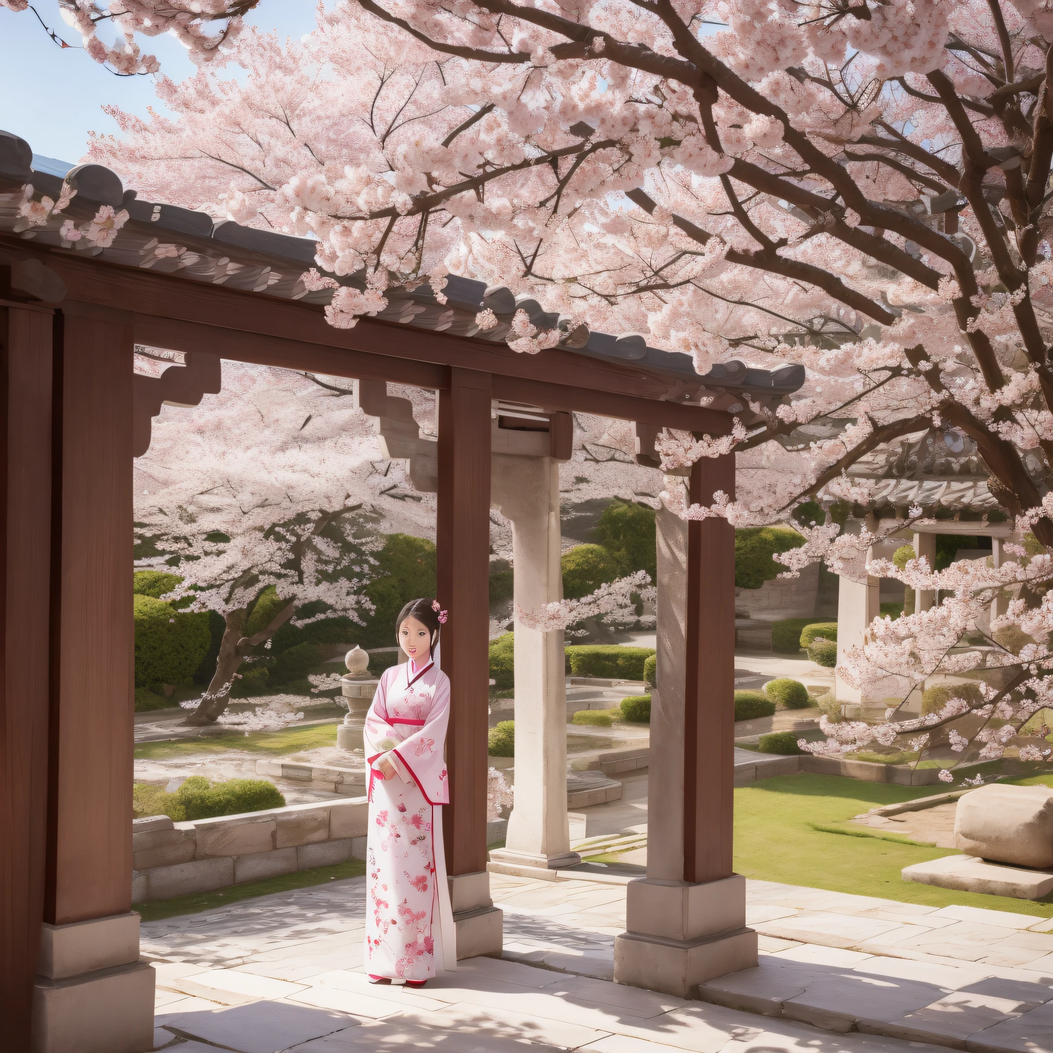 Cherry blossom petals flutter in the wind next to the ancient tower, and inside the terrace, A woman in Chinese clothing strokes a pipa (Close-up)