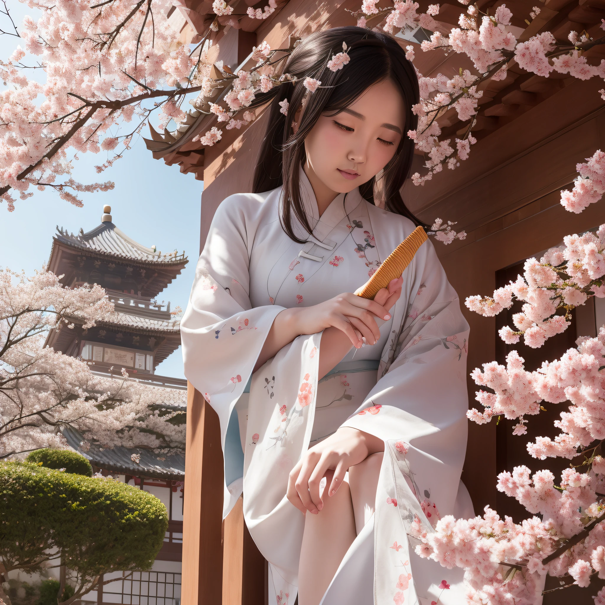 Cherry blossom petals flutter in the wind next to the ancient tower, and inside the terrace, A woman in Chinese clothing strokes a pipa (Close-up)