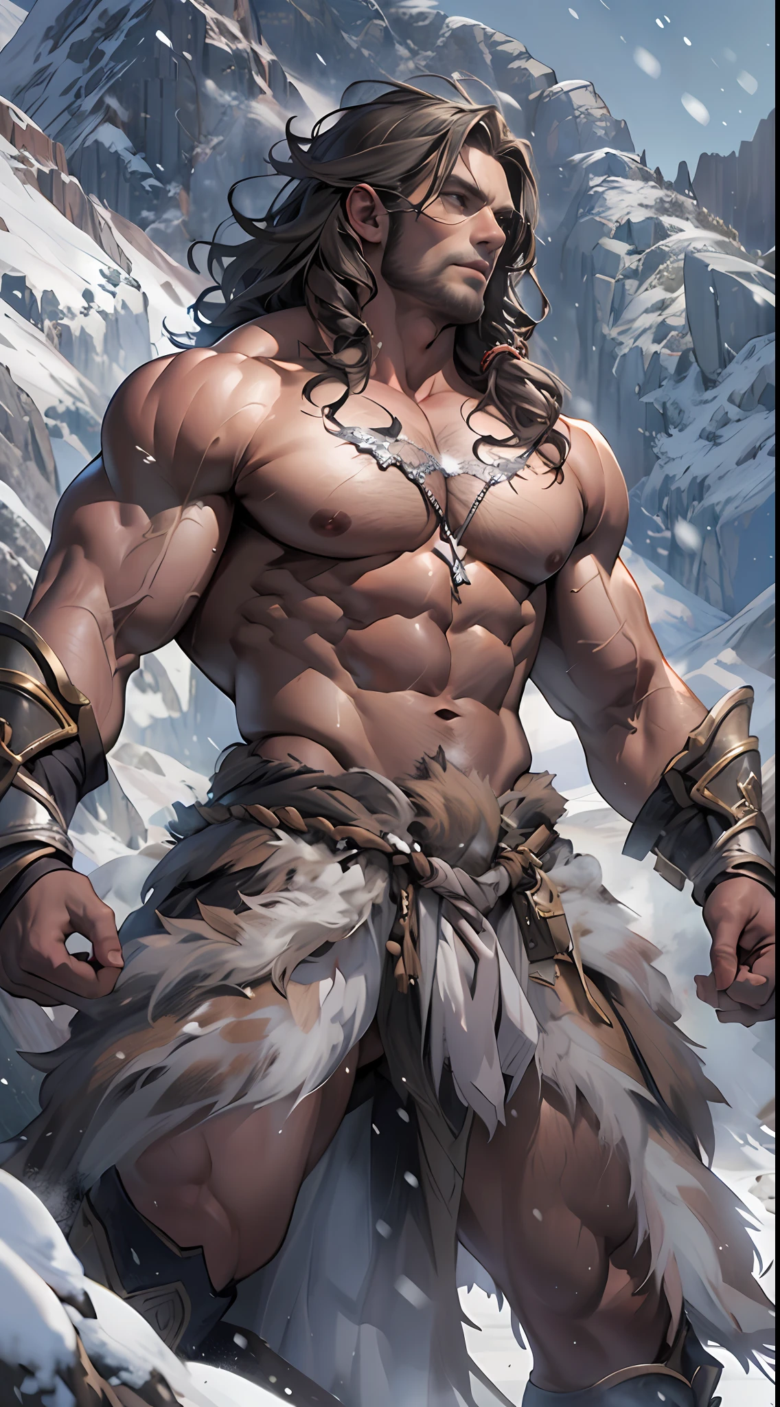 Mighty warrior, shirtless upper body, legs exposed from thighs to feet, cascading long curls, detailed muscular physique, lifelike depiction, 4K resolution. Background: Snow-covered mountain peak,32k uhd, best quality, masterpiece, super detail, high details