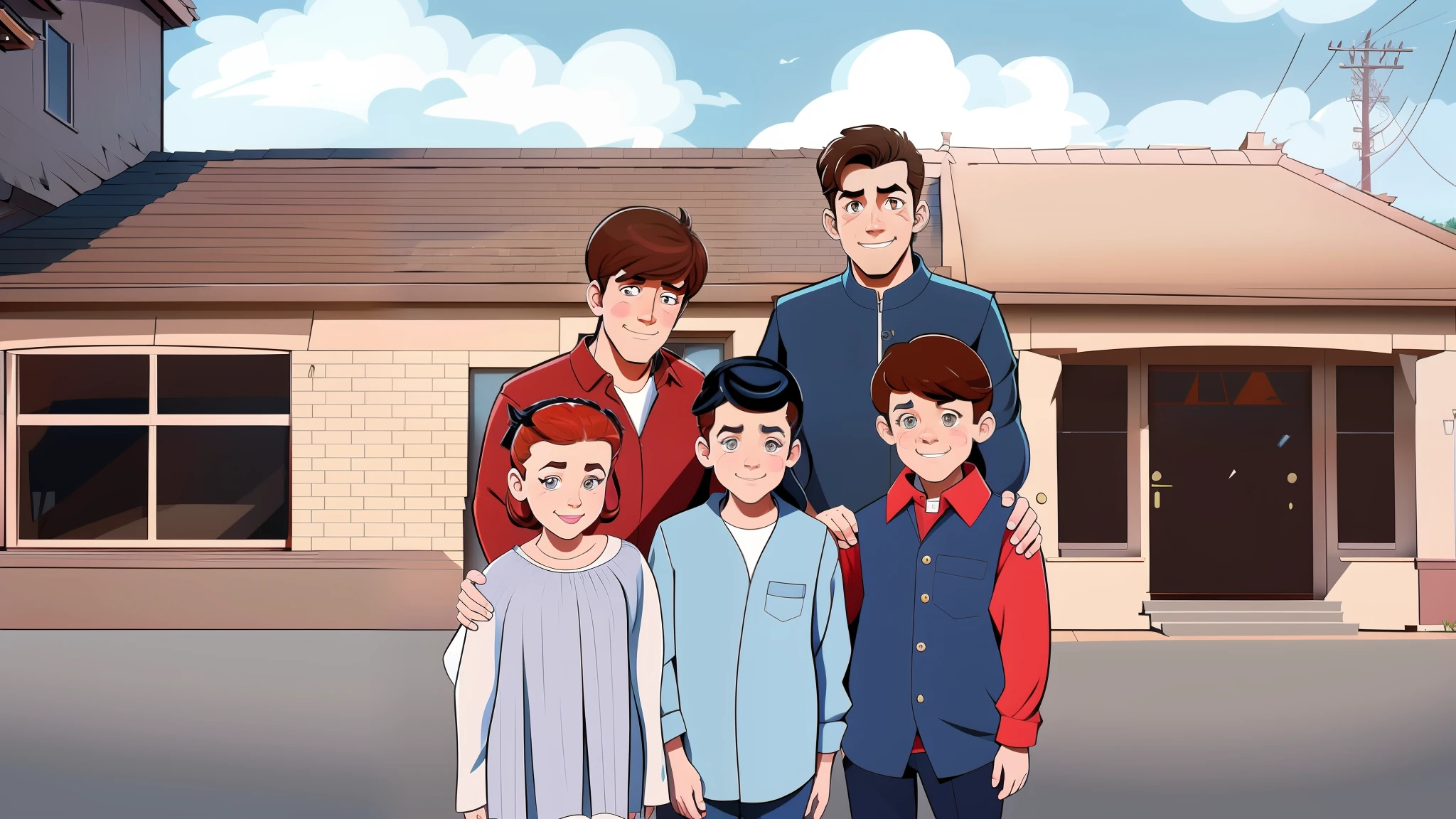Caricature of a family standing in front of a house, digitally colored, Official illustration, offcial art, animated still, official fanart, Inspired by the art of Kogan, Stylized digital illustration, Inspired by Dickey Doyle, drawn in the style of mark arian, animated still, standing outside a house, inspired by Romano Vio, author:Brigitte Balag, promotional art