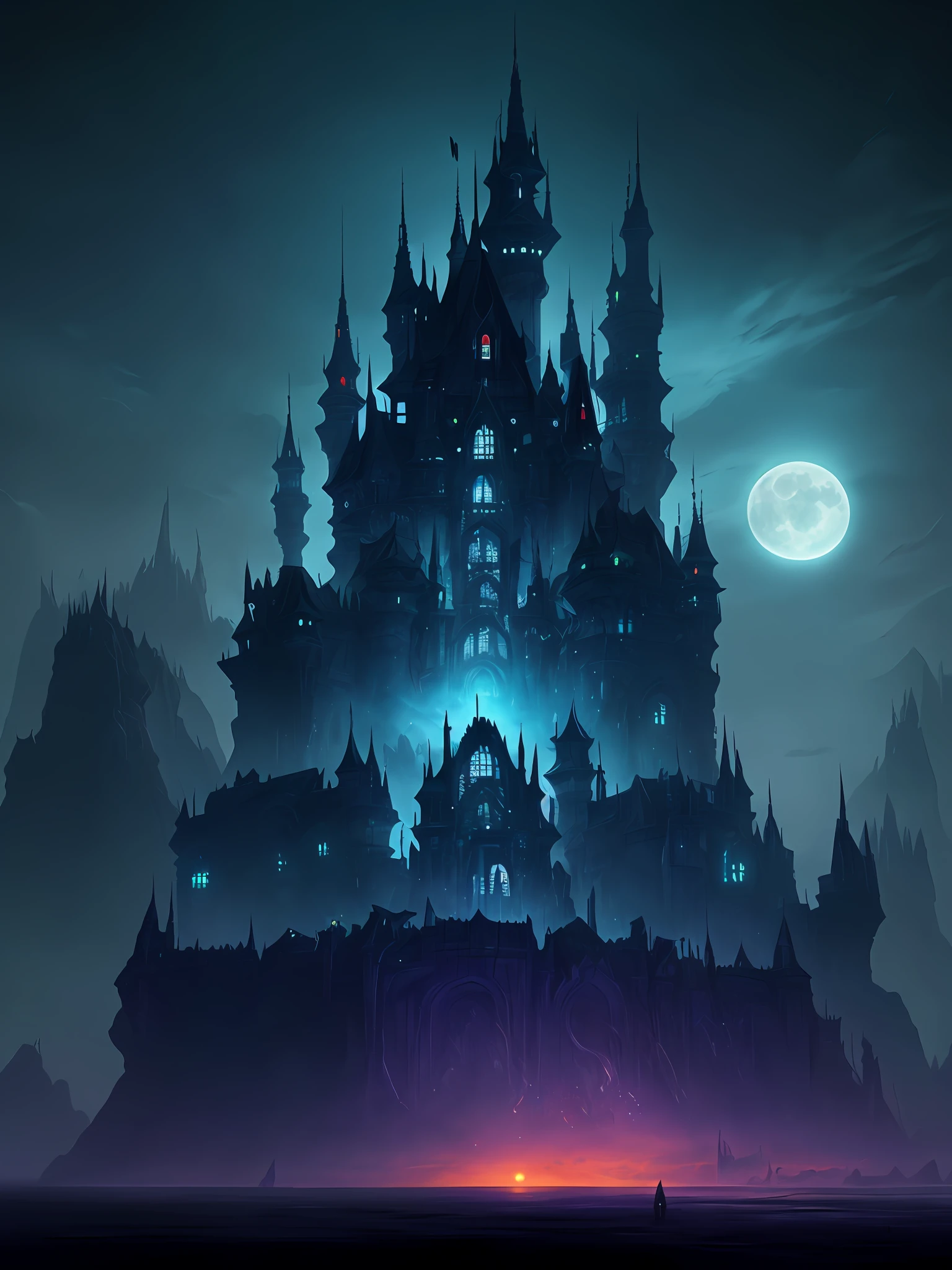 Close-up of the castle against the background of the full moon, futuristic castle, cyberpunk castle, scarry castle)). mistic, inspired by Andreas Rocha, andreas rocha style, iintricate、Epic composition, Art fantastique grand angle, Dark castle environment, Symmetrical epic fantasy art, Movie 4K wallpaper, Movie 4K wallpaper, matte painting in fantasy style