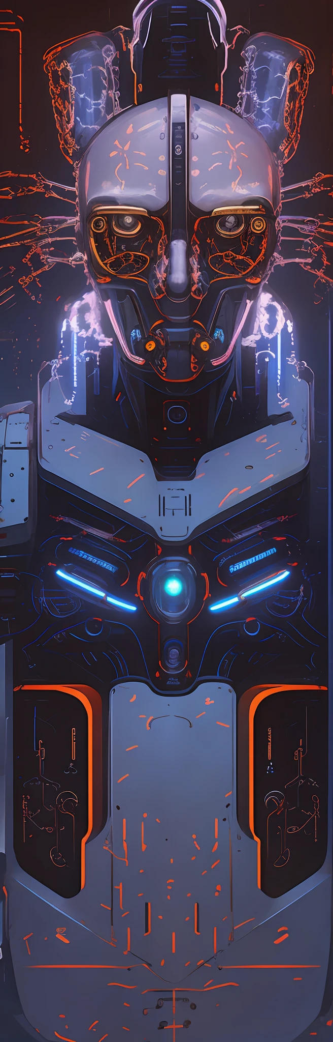 Futuristic close-up portrait of mecha under red light,Symmetrical science fiction art illustration,portrait of a cyborg,detailed digital concept art,Works by Ludvik Konazhevsky Jr