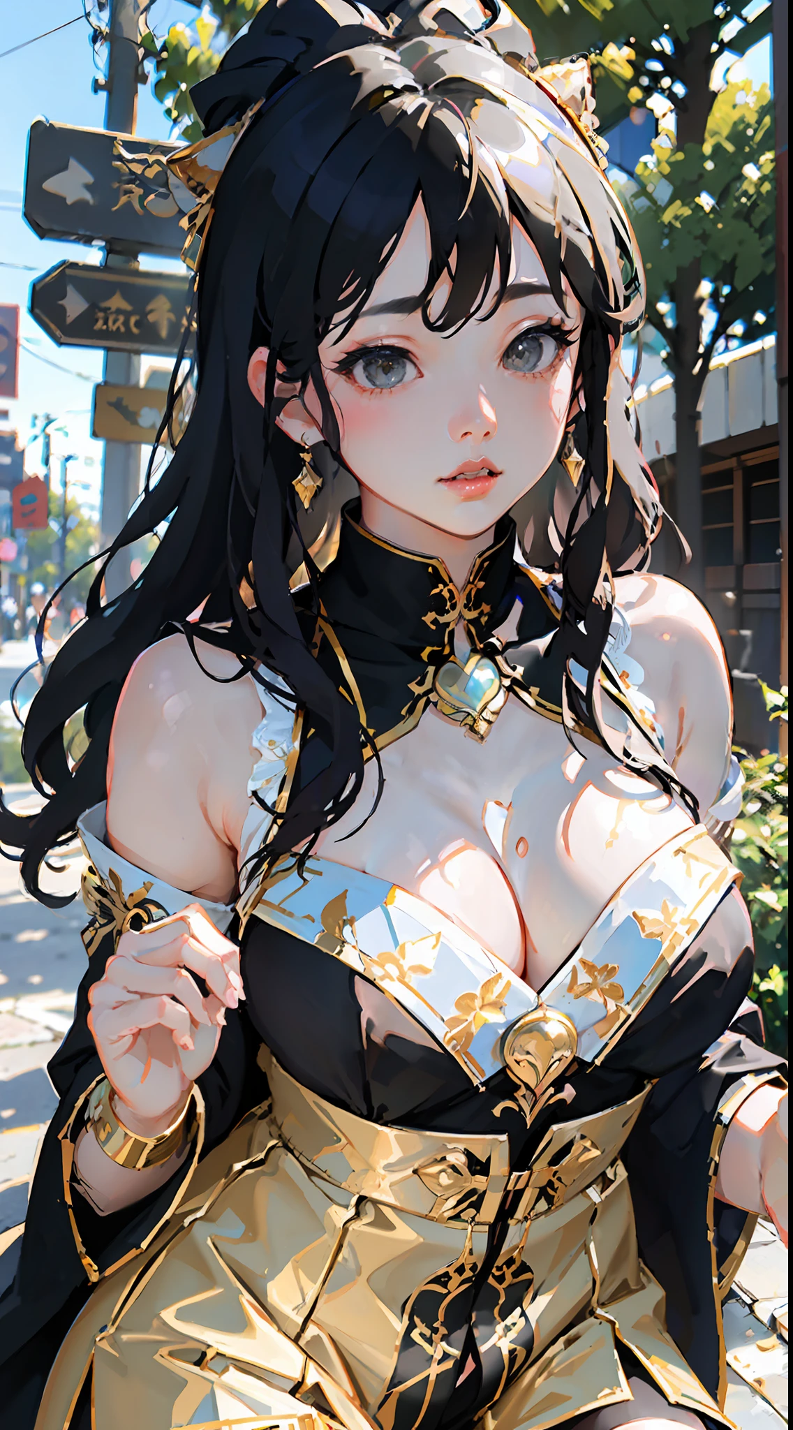 extremely detailed CG unity 8k wallpaper,(masterpiece),(best quality),(ultra detailed),(ultra realistic),(Best character details:1.36),nikon d750 f/1.4 55mm,dynamic angle,professional lighting, photon mapping, radiosity, physically-based rendering, outdoors,busy street,looking at viewer,blush, 1girl,mature female,milf,tall body,golden proportions,(Kpop idol),(shiny skin:1.2),(oil skin:1.1),makeup,[:(high detailed face:1.2):0.2]:,PureErosFace_v1, ((wavy gray hair and a sophisticated sense of style)),(aegyo sal:1),(puffy eyes),(eyelashes:1.1),(parted lips:1.1),red lipstick,wide shoulders,(medium breasts:1.1),(cleavage:1.1),animal ears,(big ass:1.2),thighhighs, silk coat, song, song Dynasty, song clothing