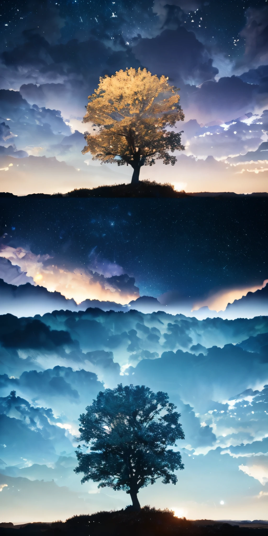 Illustration of a hyperrealistic , otherworldly, ultrasky scene featuring a giant crystal tree full body,very detailed and magical lighting, intricate forest details, vegetation and river around, solarpunk ,landscape, giant tree, beatifull leafy with beautiful lighting and realistic proportions, as if it were a cinematic background, 8k, highest quality, masterpiece, clouds and stars in the sky.