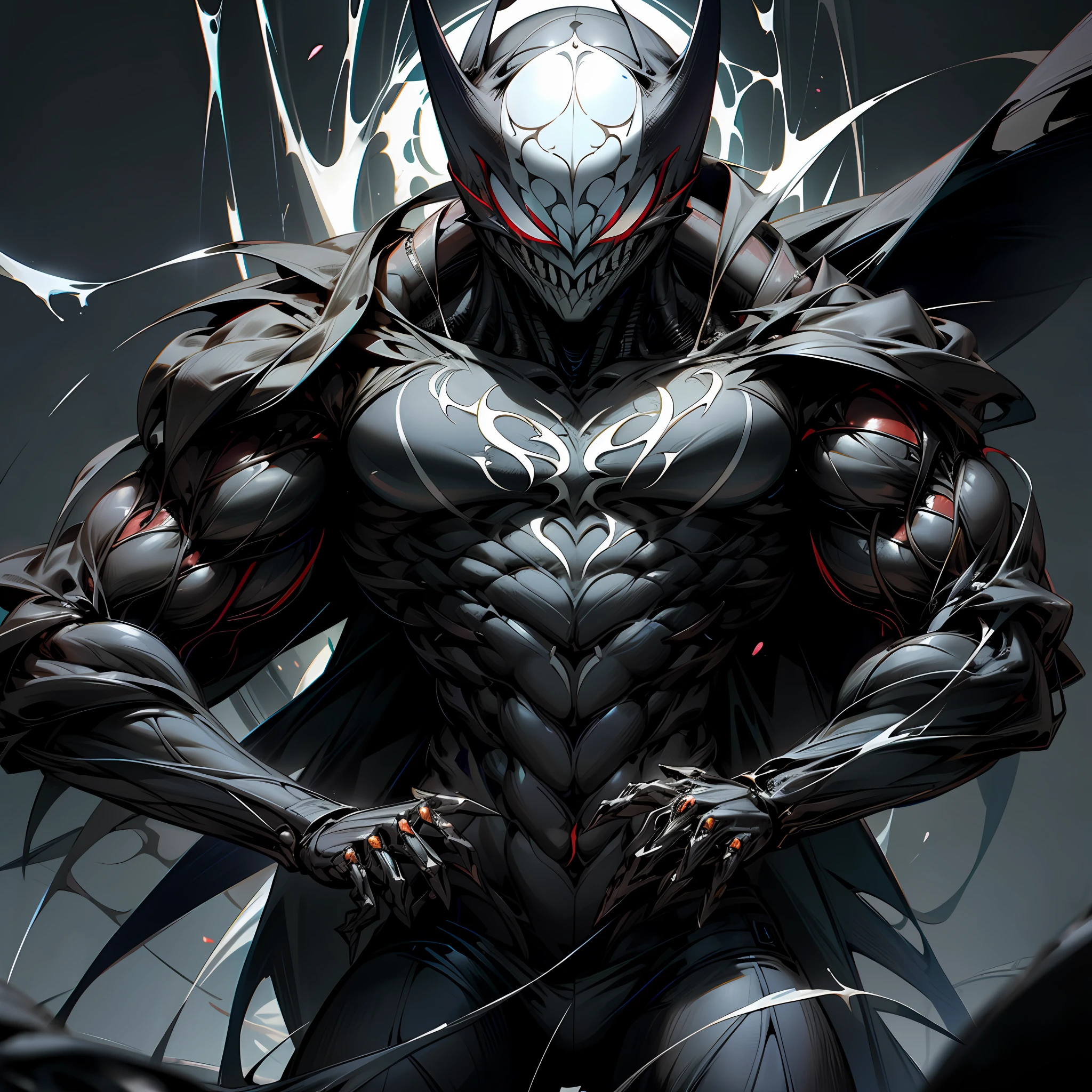"Depiction of the awesome Venom Spider-Man symbiote fusing with a powerful and muscular cyborg, Show their charming and powerful presence."